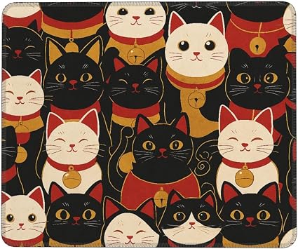 Black and White Lucky Cat Mousepad Non-Slip Waterproof Print Stitched Edges Rubber 7.9 X 9.5 in