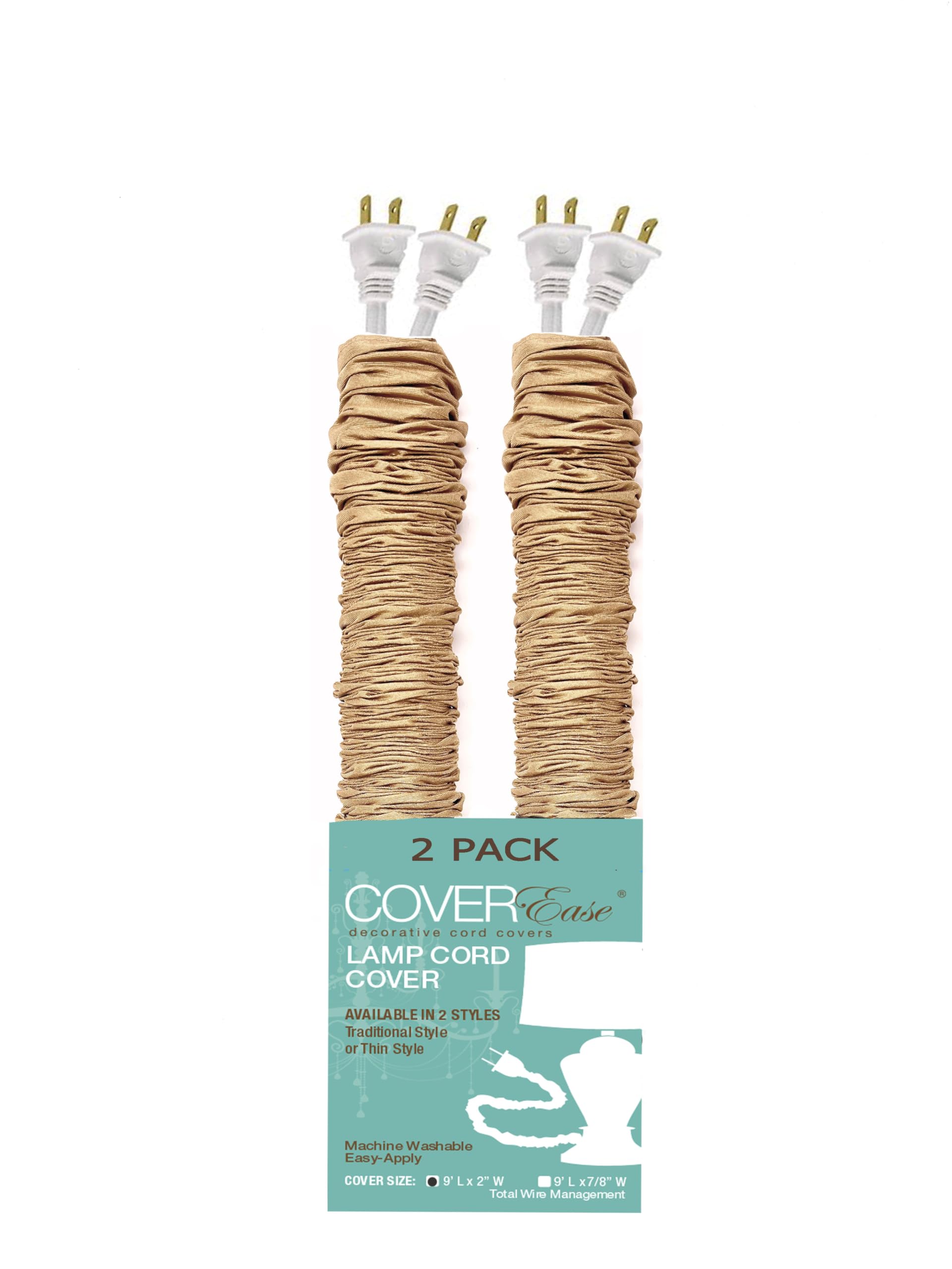 COVER EASE DECORATIVE CORD COVERS Gold/Golden 9 ft Faux Silk Fabric Lamp Cord Cover - Cable Sleeve, Wire Cover, Cord Hider for Cable Management for Electrical Lighting Fixtures (2 Pack)