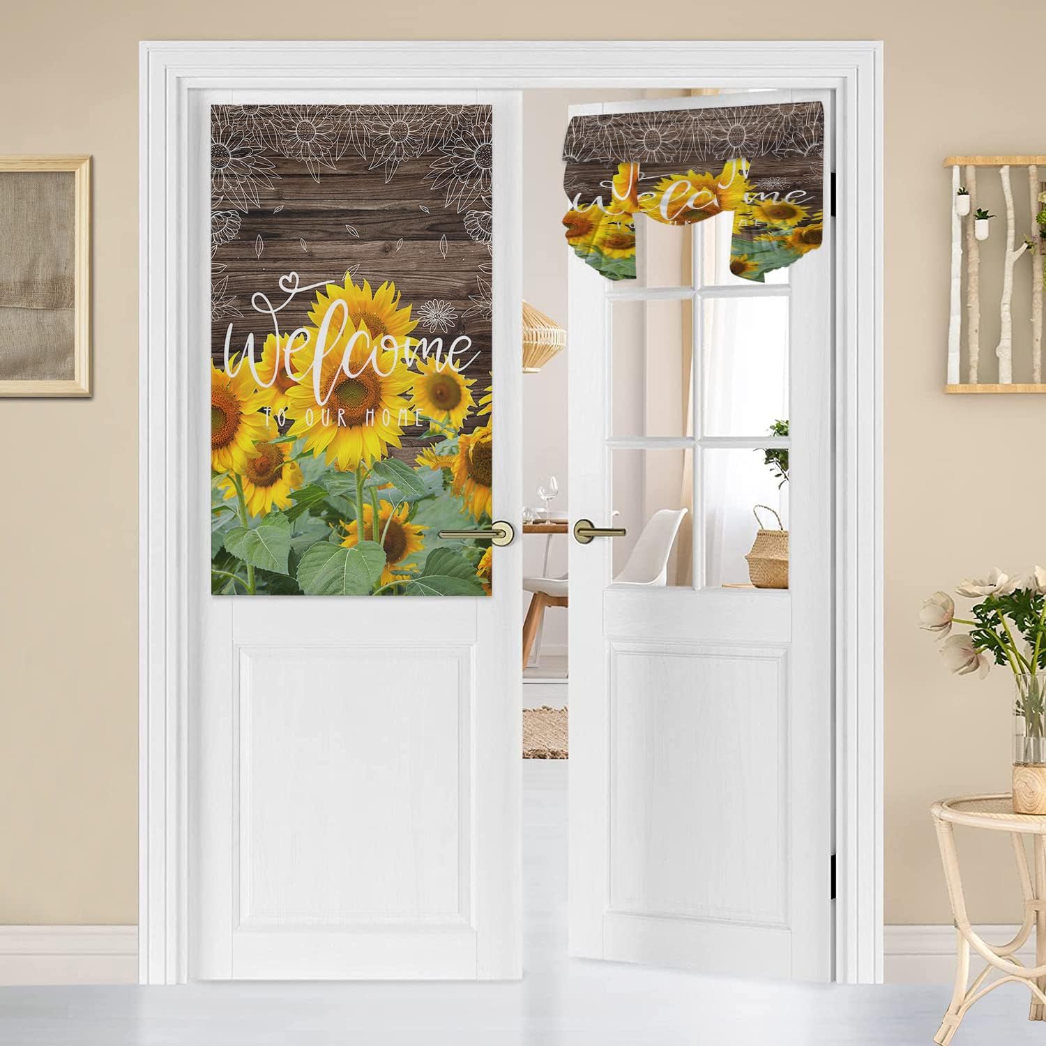 Sunflower Welcome Door Curtains for Door Windows Farm Wooden French Door Curtain Privacy Tie Up Door Shade,Summer Watercolor Flower Window Curtains for French Glass Door/Front Door Curtain 25x40in