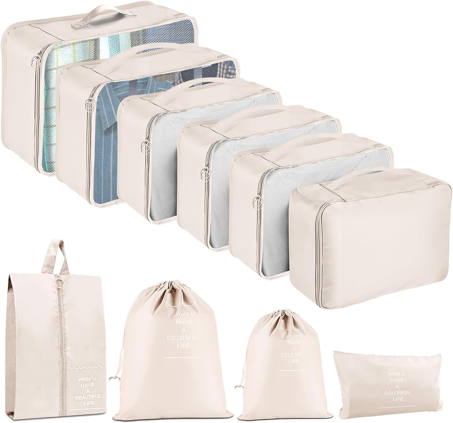 Lot de 10 cubes de rangement pour valise, accessoires de voyage, sacs à vêtements, cubes de rangement, pour cosmétiques, sacs de voyage, beige Lot de 10 cubes de rangement pour valise, accessoires de voyage, sacs à vêtements, cubes de rangement, pour cosmétiques, sacs de voyage, beige