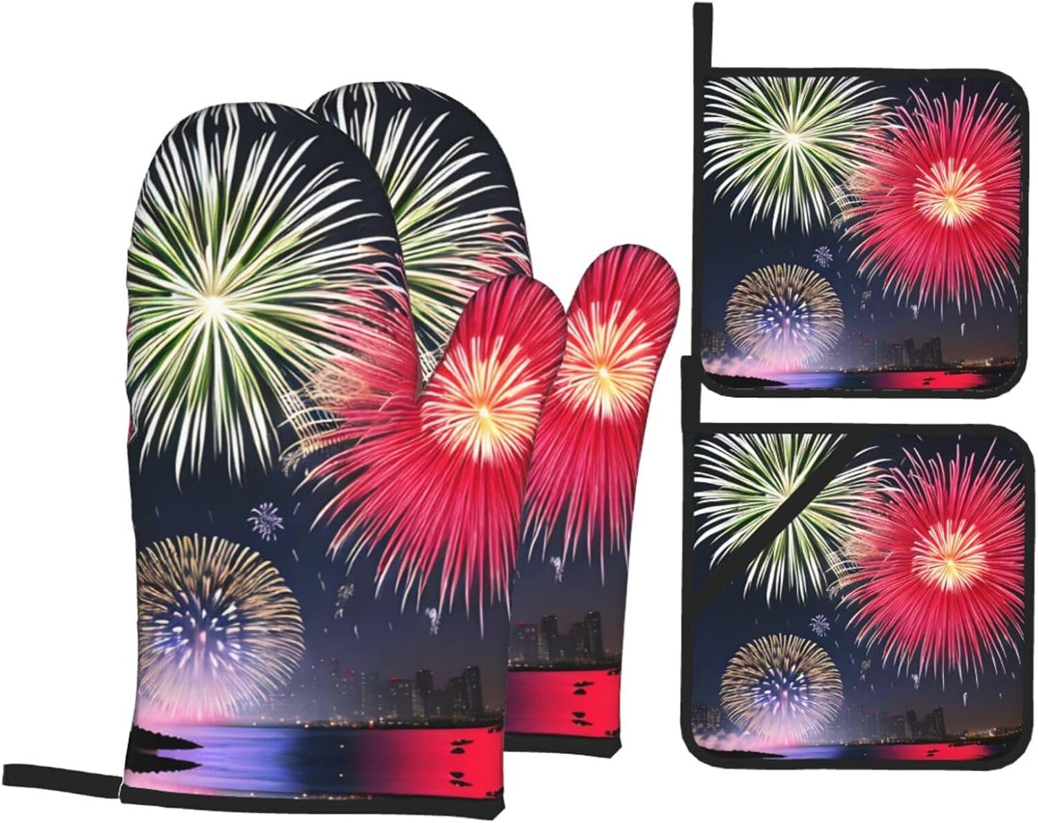 Splendid Fireworks Printed Oven Mitts + Potholders 4-Piece Set - Great for BBQ Party Cooking