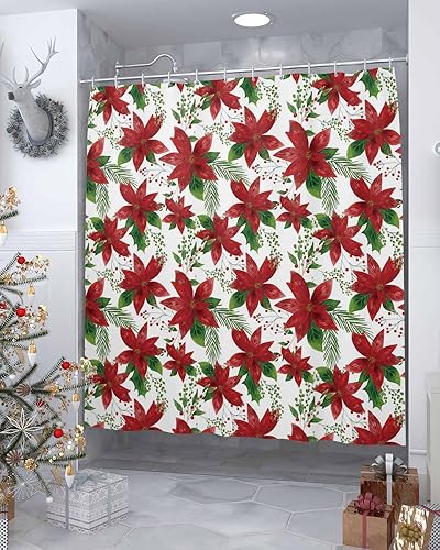 Miniatura 4 de Cortina de ducha de Navidad, diseño de flor de pascua roja, hojas verdes, cortina de baño, impermeable, juego de cortinas decorativas con ganchos,