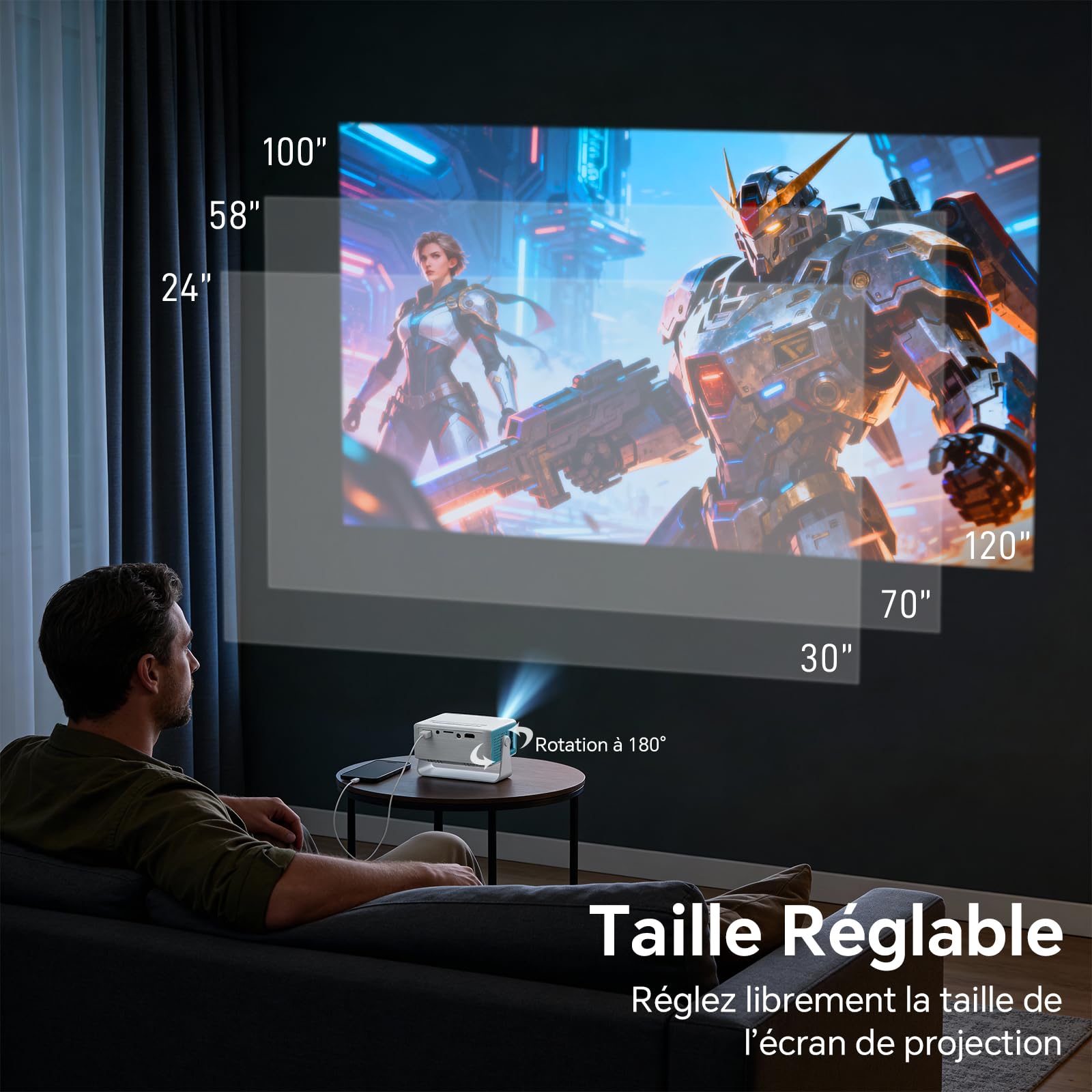 WOLFANG Vidéoprojecteur Portable Mini, Retroprojecteur pour Chambre, Compatible Full HD 1080P, Correction Keystone Automatique, Zoom 50% et Rotation 180°, iOS/Android/TV Stick