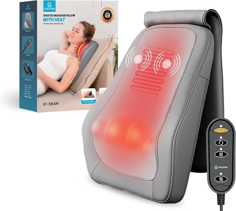COMFIER Shiatsu Nyakmasszírozó Melegítő Funkcióval - 4D Gyúró Hátmasszírozó Izomfájdalom Enyhítésre, Nyak, Hát és Láb Masszázsra, Ajándék Fé