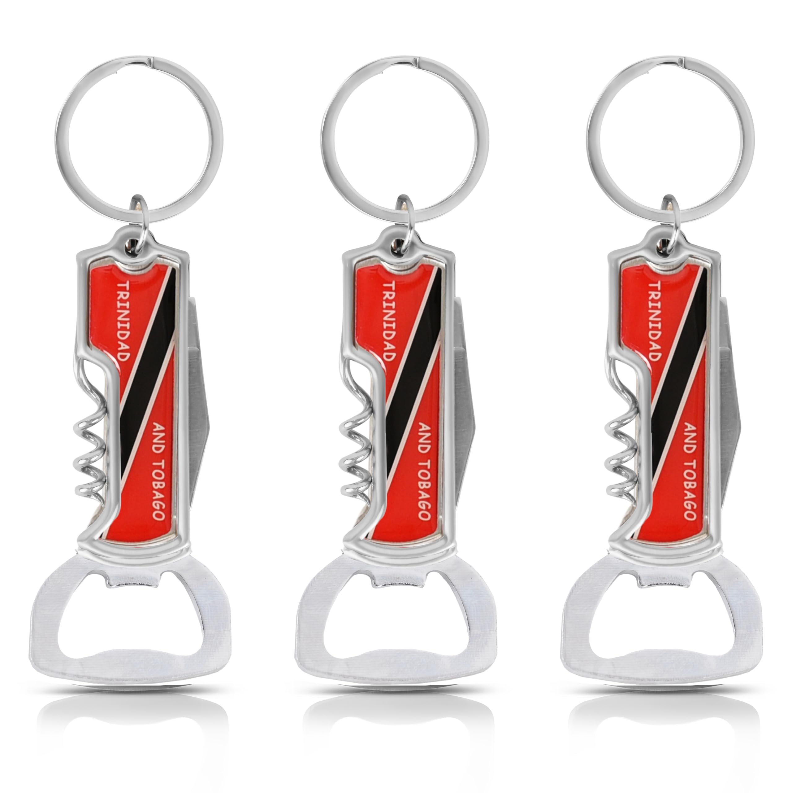 Multifunctional Bottle Opener Keychain Corkscrew Keychains - Carribean Countries - Set of 3 (Trinidad and Tobago)