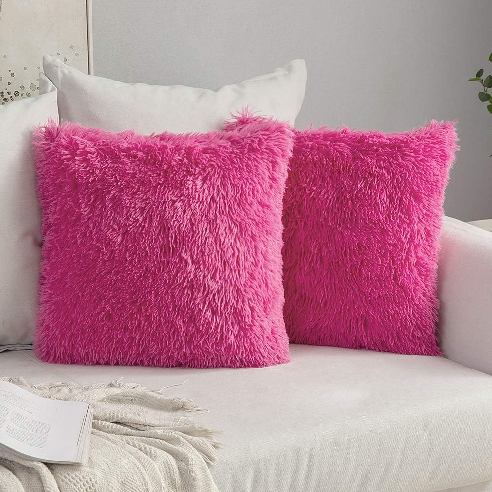 MIULEEPack of 2 Luxury Faux Fur Throw Pillow Cover Deluxe Winter Decorative Plush Pillow Case Cushion Cover Shell for Sofa Bedroom Car 18 x 18 Inch Hot Pink