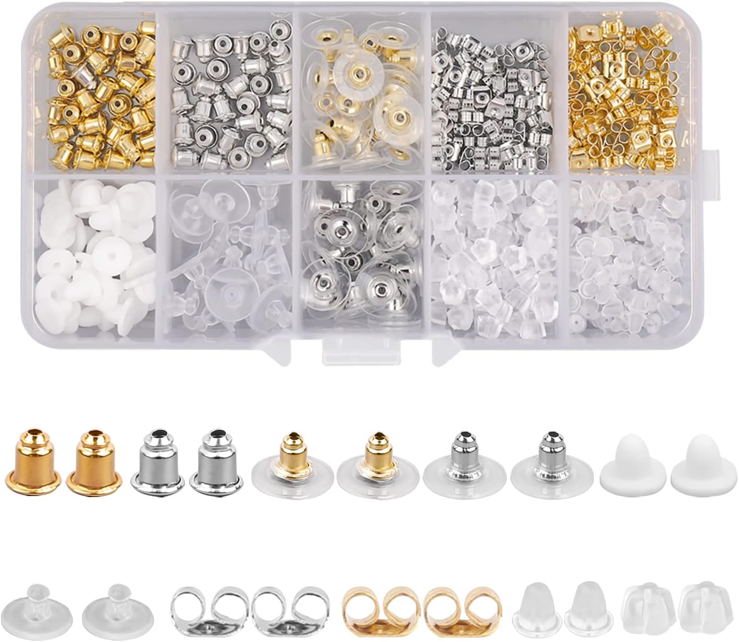 450Pcs Earring Backs, 10 Styles Earring Backs Safety Backs, Clear, Rubber, Plastic, Butterfly Shape Stoppers with Storage Box, Earrings Stoppers for Women's DIY Jewelry Supplies