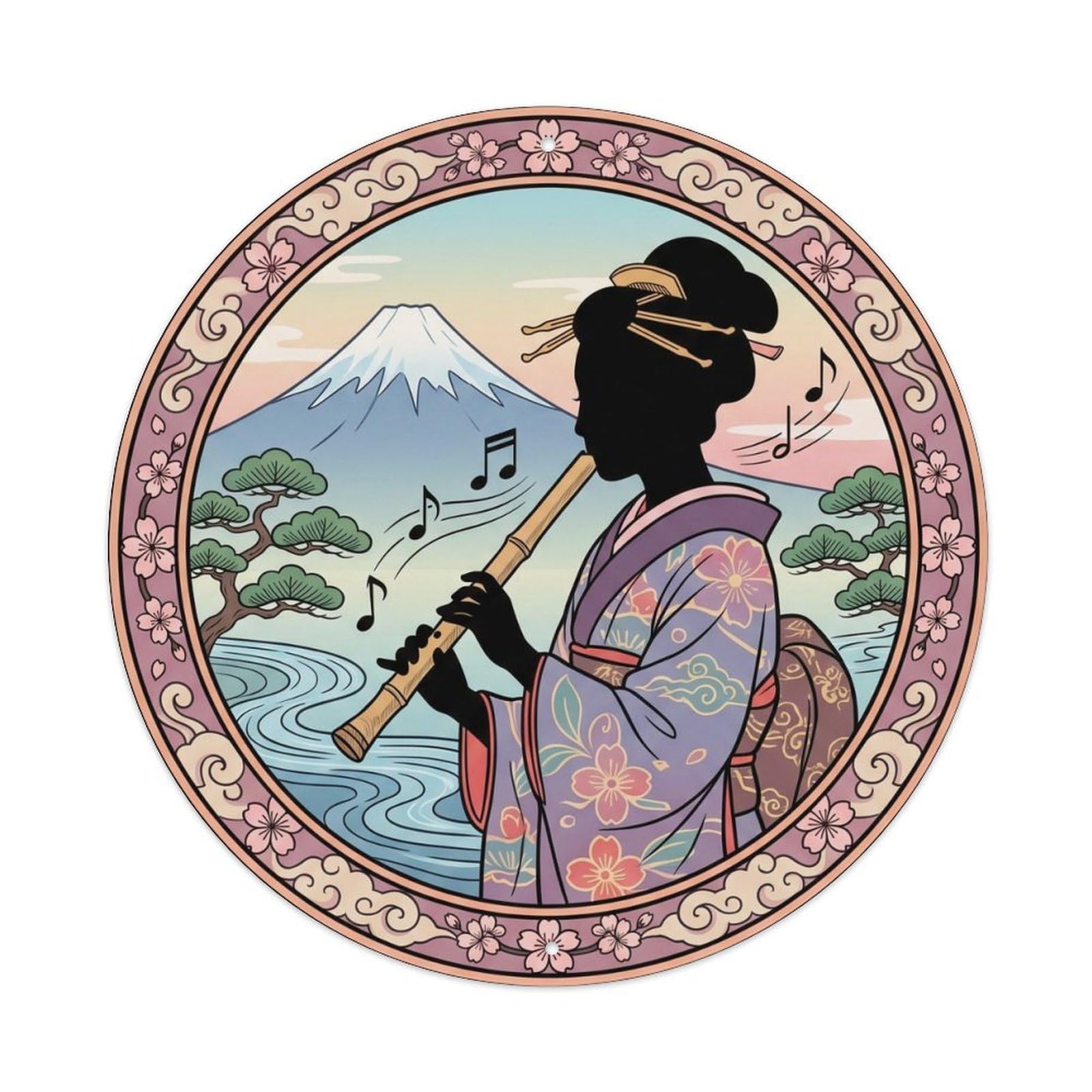 Galvaxio Style Japanese Kimono Woman Playing Bamboo Flute Serene Metal Tin Sign