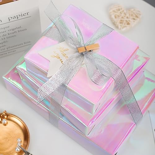 Miniatura 5 de Papel de regalo iridiscente metálico, 17 pulgadas x 33 pies, patrón holográfico iridiscente rosa femenino para niñas, papel de regalo para