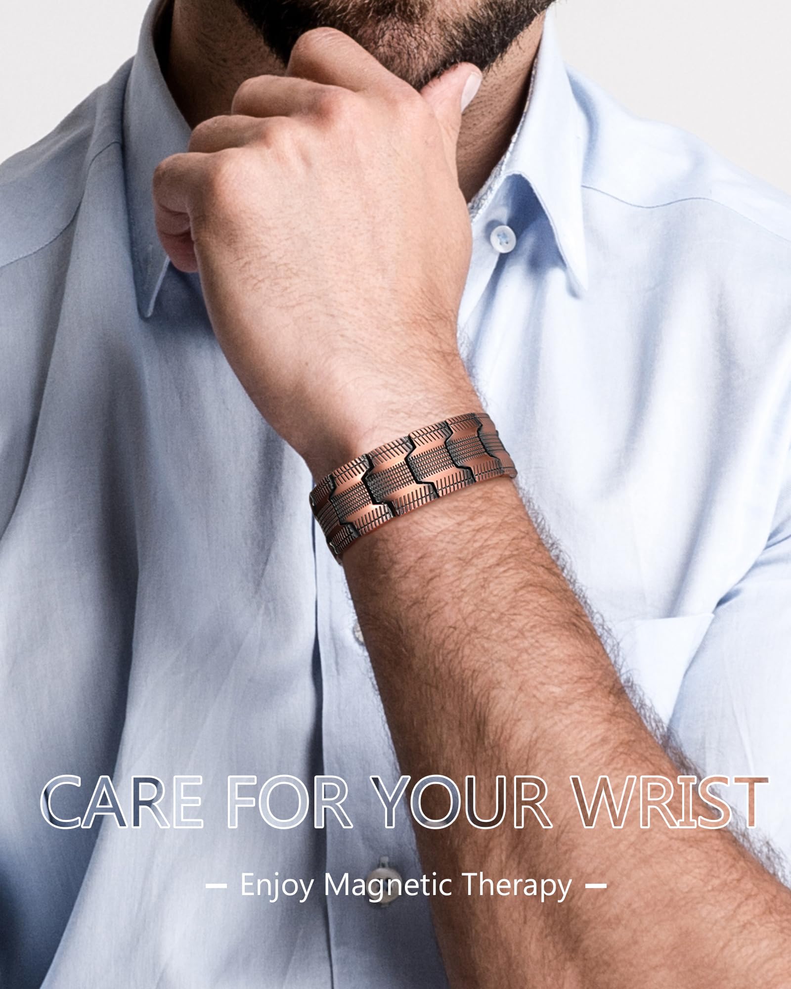 Feraco Pulsera de cobre de desintoxicación linfática para hombres, pulsera terapéutica de terapia magnética terapéutica con 3 filas de imanes ultra fuertes para dolor de artritis y túnel carpiano