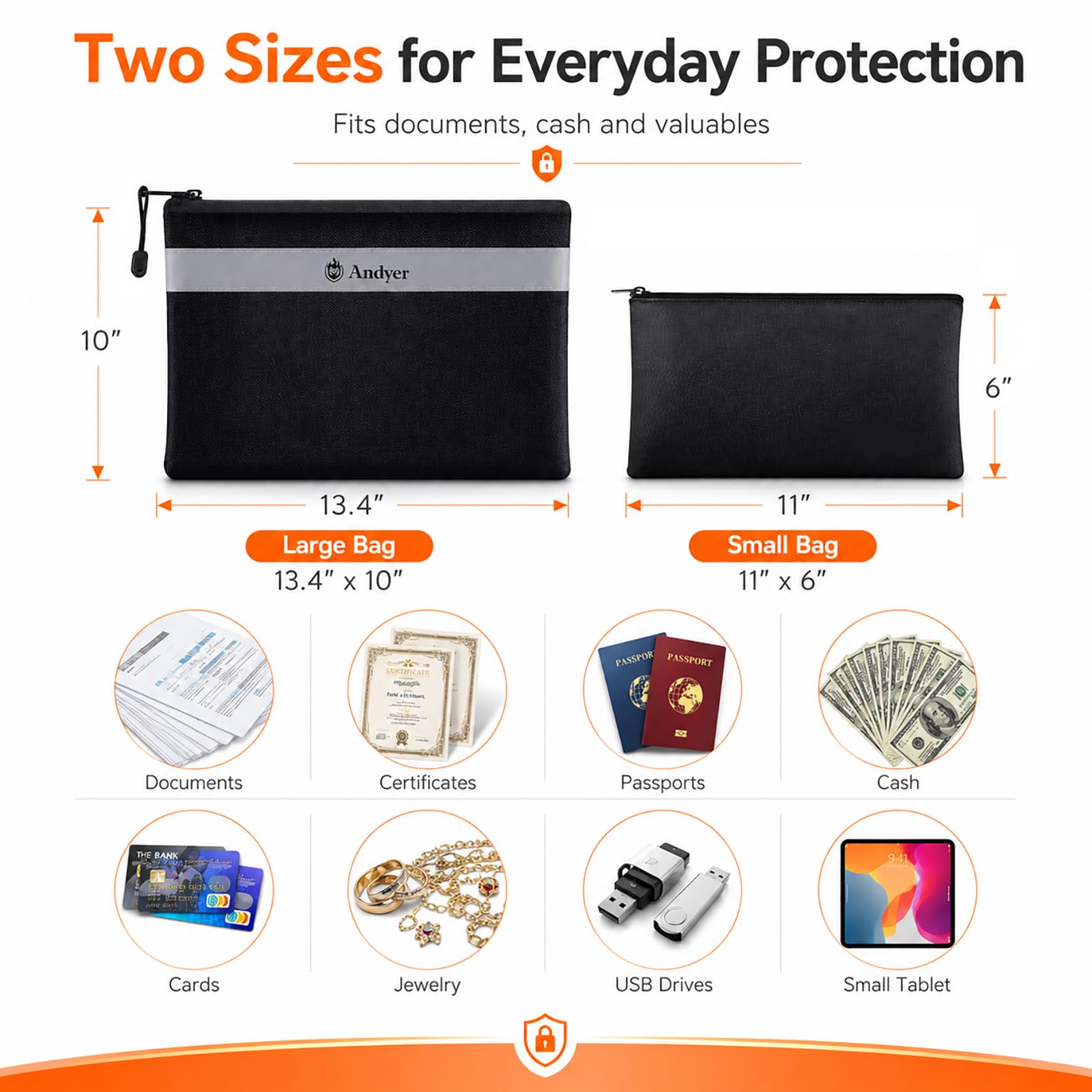 Andyer Bolsa de documentos ignífuga con bolsa de dinero, paquete de 2 bolsas impermeables e ignífugas de 13.4 x 10 pulgadas y 11 x 6 pulgadas, bolsa de almacenamiento segura ignífuga con cremallera