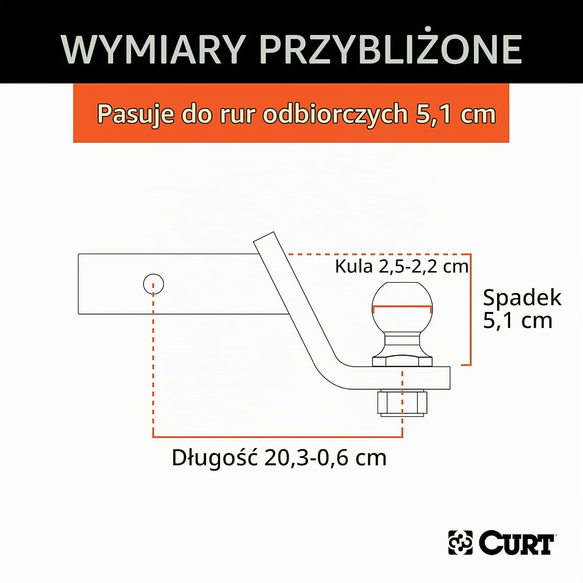 CURT 45034 Mocowanie haka holowniczego z kulką i sworzniem 1-7/8″, pasuje do odbiornika 2″, 3400 kg, spadek 2″, czarny
