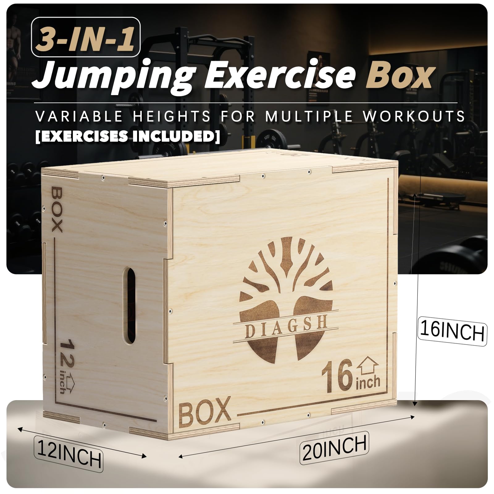 Plyo Box - Plataforma pliométrica de madera 3 en 1 (20 x 16 x 12 pulgadas) para entrenamiento de gimnasio en casa, ideal para saltos, sentadillas y acondicionamiento, 1 pieza