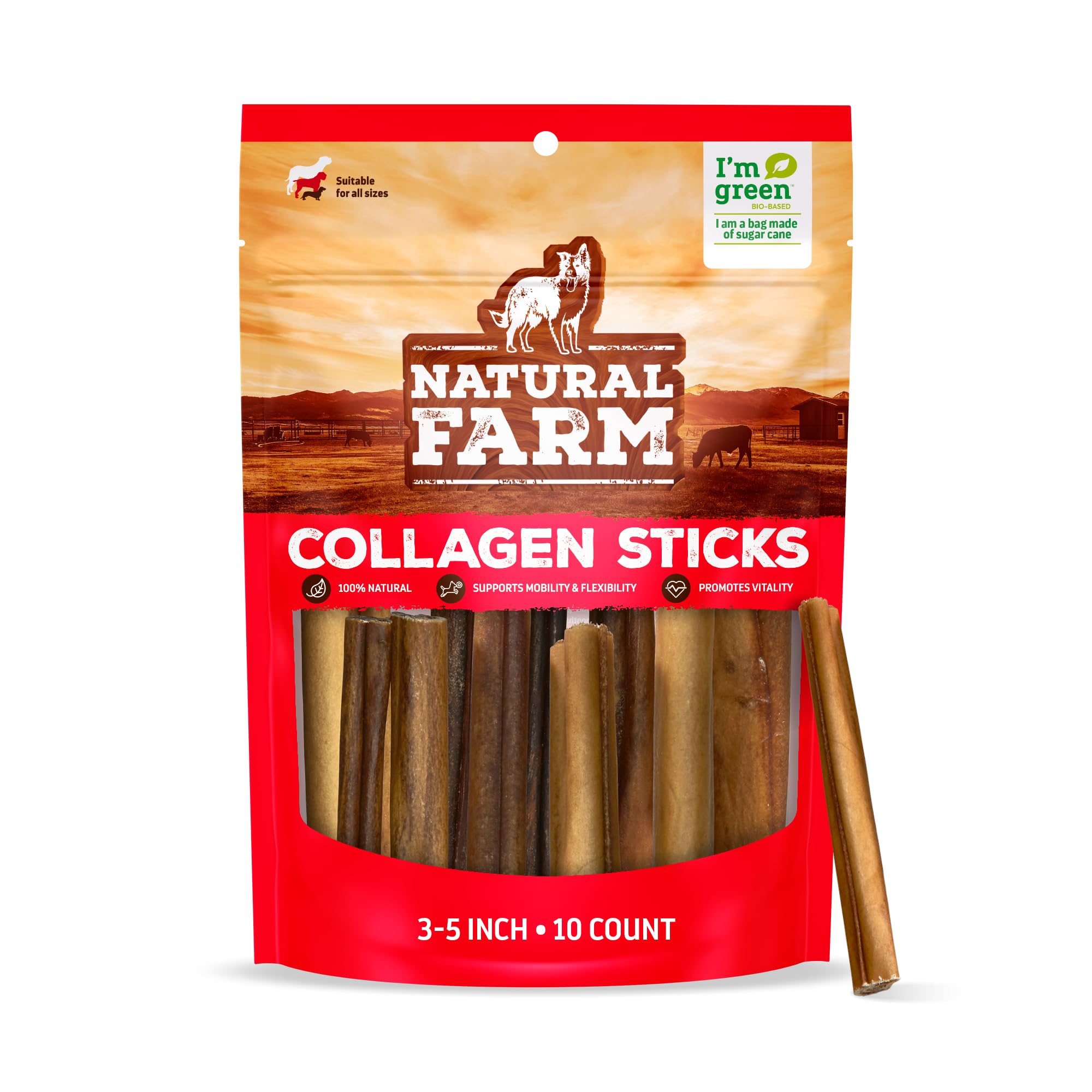 Natural Farm Collagen Dog Chews (3-5”, 10 Units), Odor-Free Long Lasting Bully Sticks & Rawhide Alternative Dog Treats, 95% Collagen Low Fat, High Protein – Small & Medium Dogs