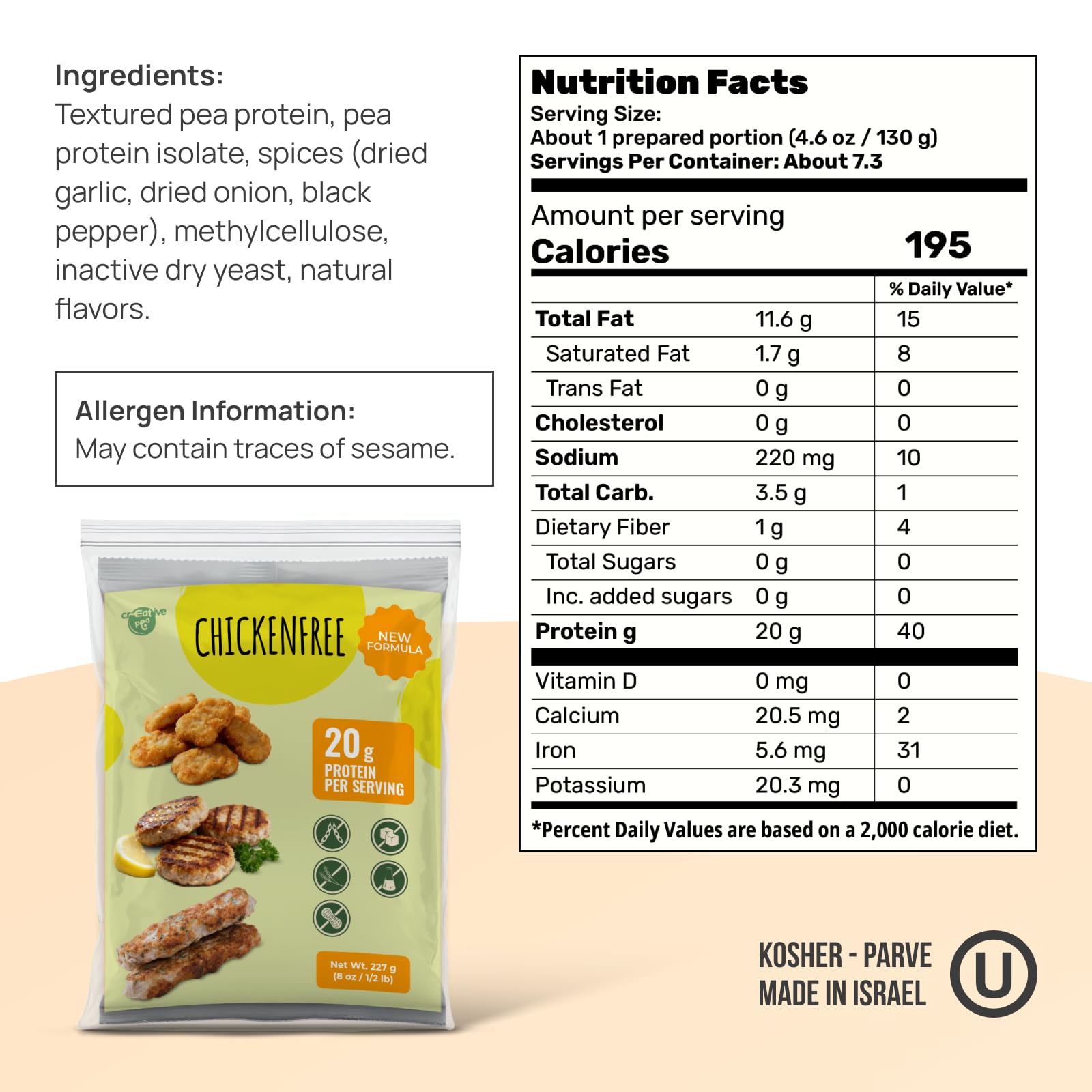 Creative Pea Vegan Chicken Mix - Plant-Based Chicken Style Dry Mix | Just Add Water & Oil | 4× Yield Makes ~2 lb | High-Protein Pea Protein | Quick Vegan Meals | Gluten-Free | 227g