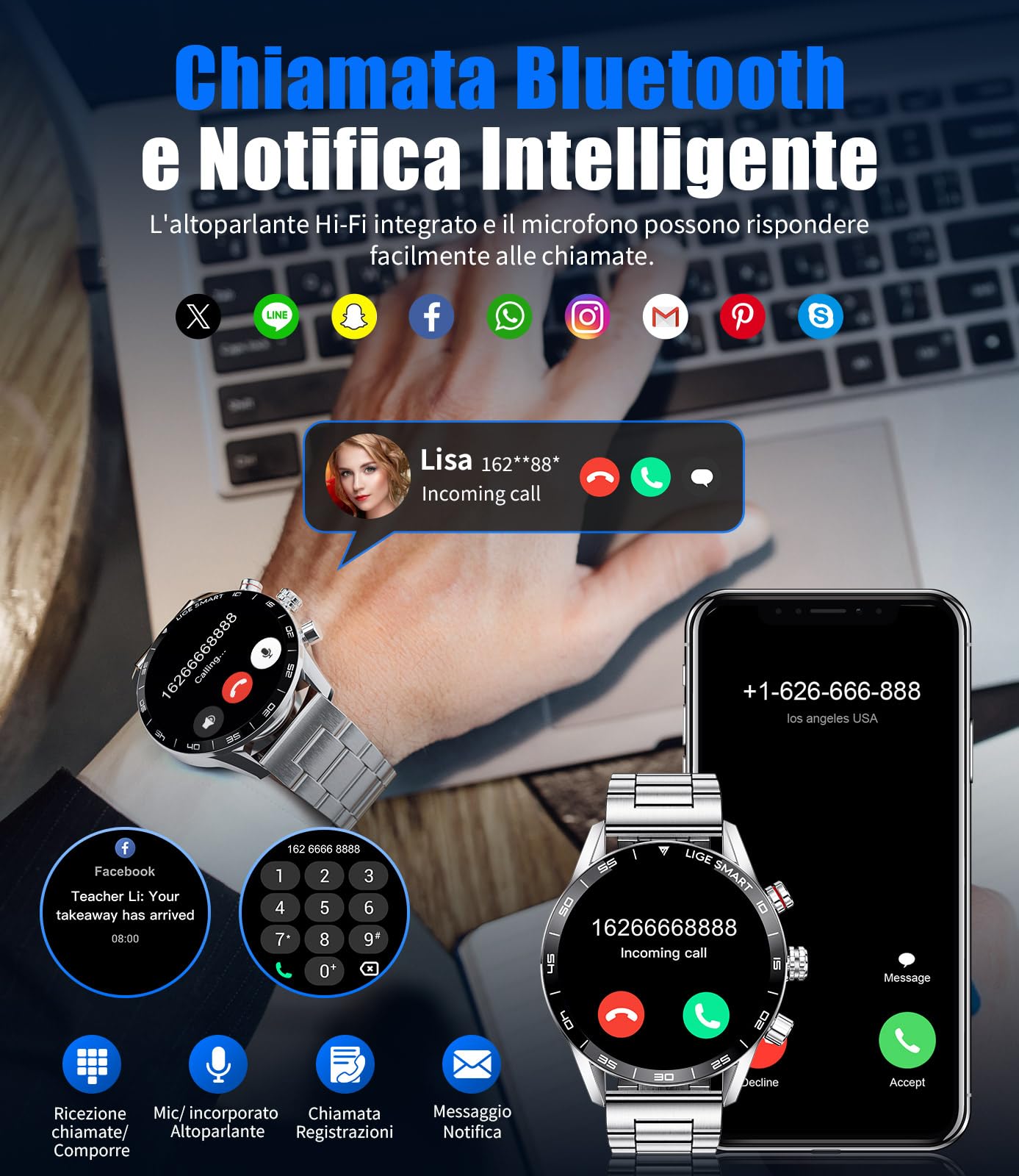 LIGE Smartwatch Uomo con Chiamate e Assistente Vocale, 1,43'' AMOLED, Durata Batteria di 15 Giorni, 24H Cardiofrequenzimetro, 124 Modes Sportifs, Orologio Smartwatch per Android iOS, Argento
