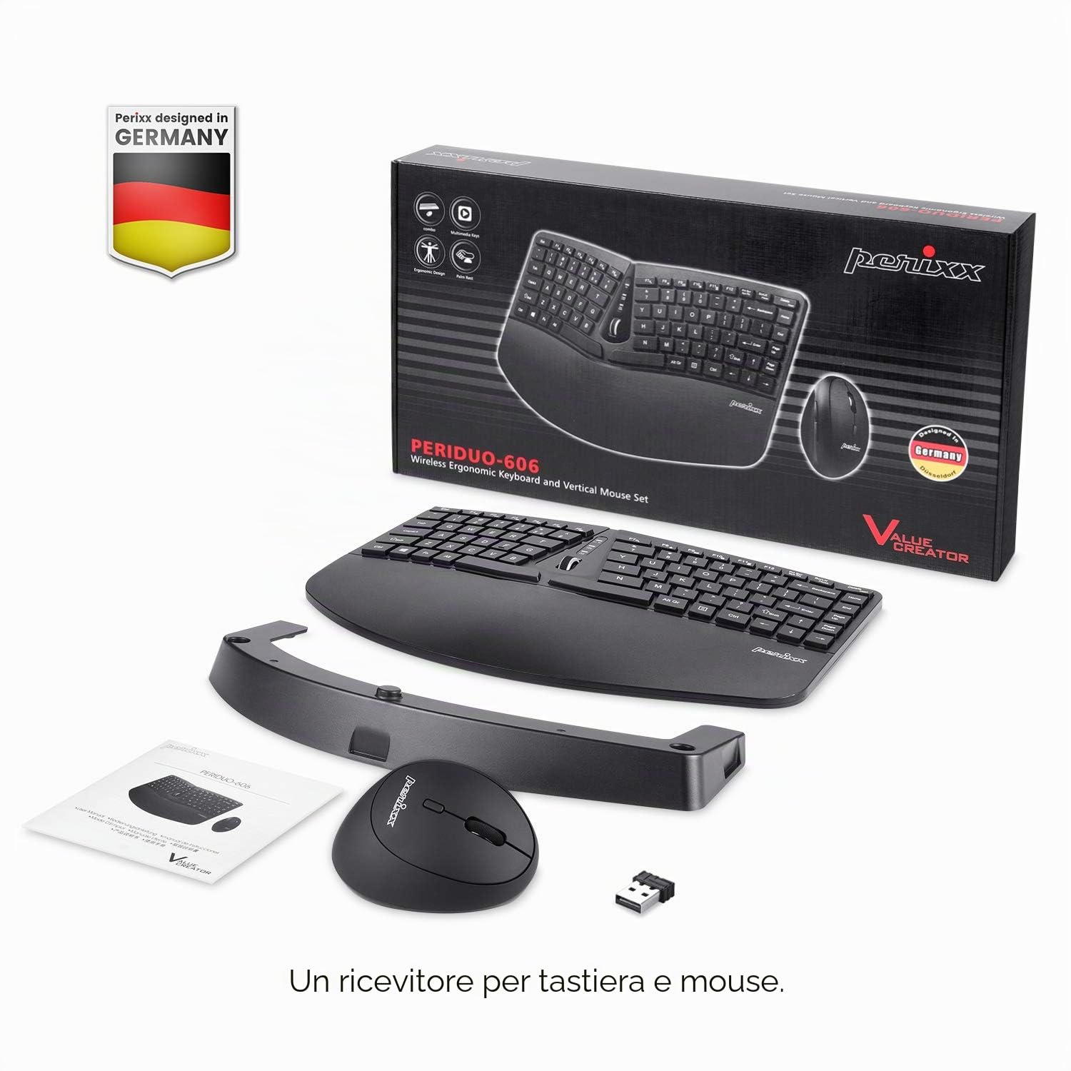 Perixx PERIDUO-606 - Mini tastiera ergonomica senza fili con mouse verticale portatile, supporto regolabile per il resto del palmo, membrana, tasti a basso profilo, inglese americano
