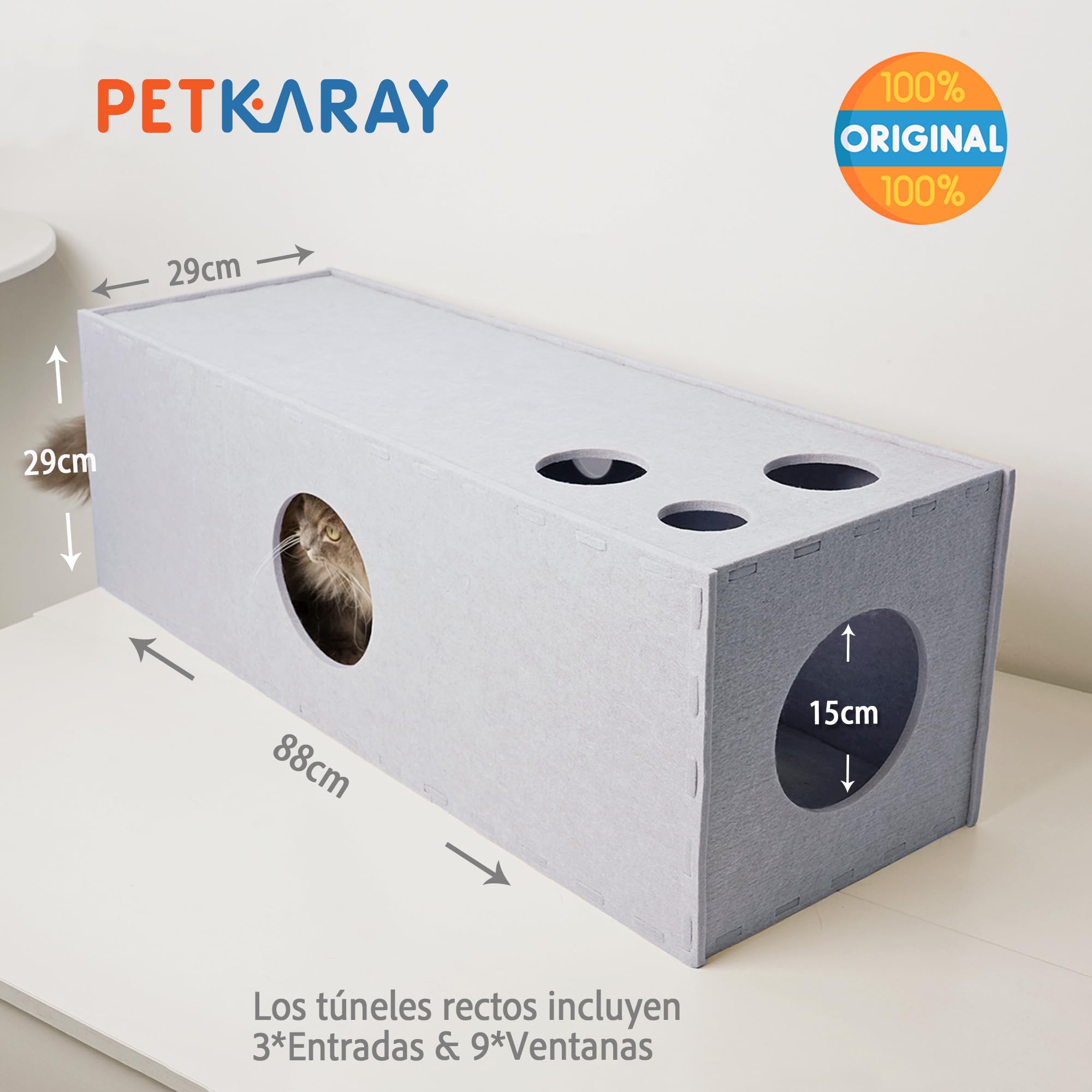 PETKARAY Túnel para gatos, cueva escondite original para gatos de interior, tubos y túneles de juego grandes para gatitos, juguete de fieltro suave para gatos con agujero interactivo