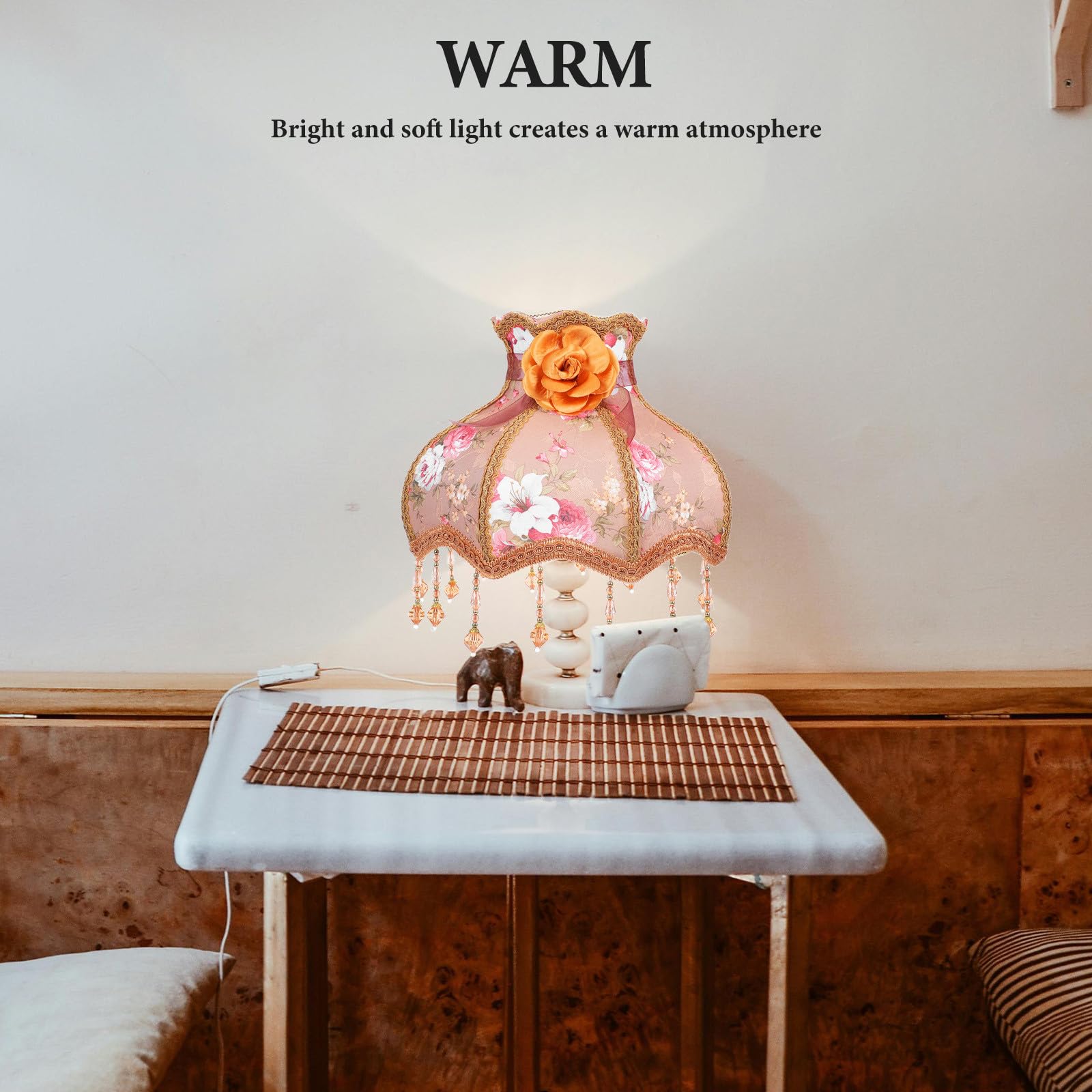 Vintage Lampenschirm aus Gewebe mit zartem Spitzenmuster braunem Fransen Lampenschirm für Tischlampe