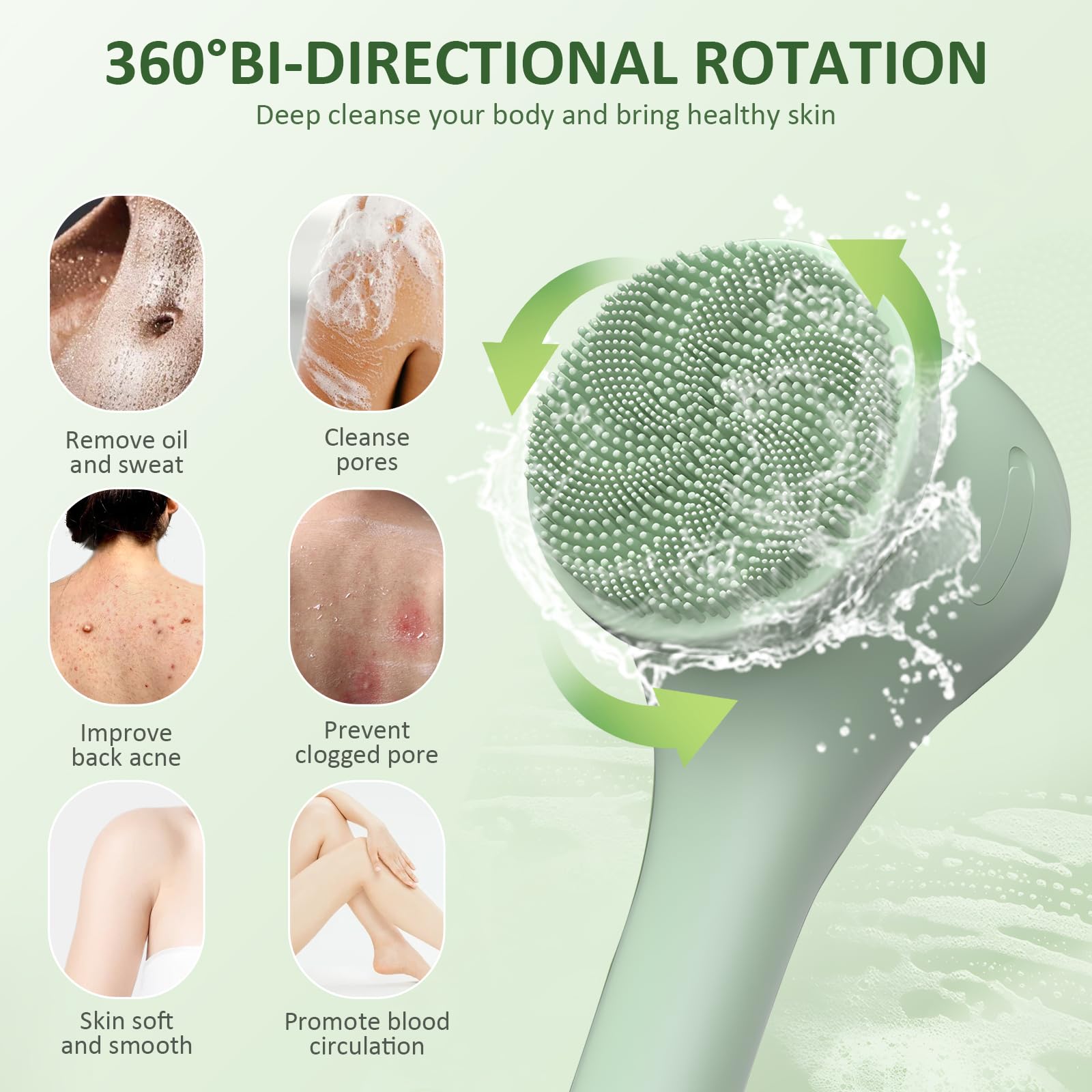 Spazzola Schiena Doccia Elettrica,Spazzola Doccia Elettrica Ip67,Con Manico Lungo,Rotazione 360°,6 Testine,3 Velocità,Spazzola Elettrica Corpo Per Esfoliante,Migliora La Circolazione,Anti Cellulite