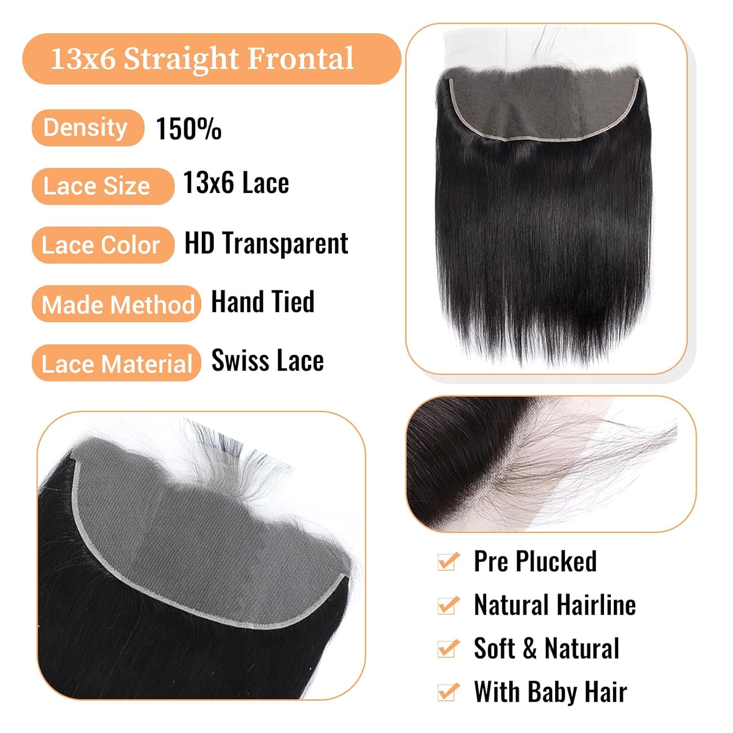 13x6 Frontal Human Hair Straight HD Transparent Lace Ear to Ear Lace Frontal Closure With Baby Hair Free Part 100% Virgin Human Hair Natural Black 14 Inch