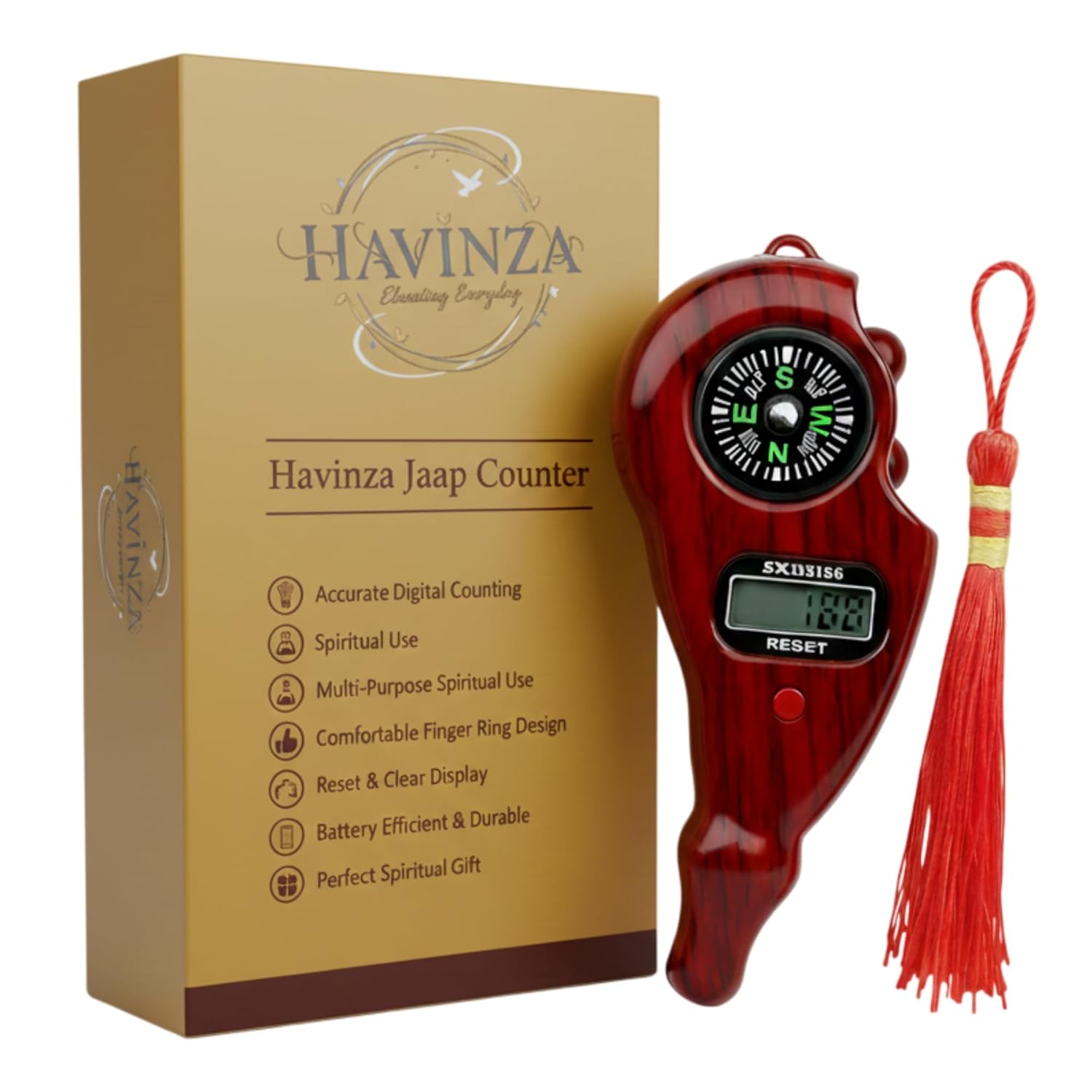 Digital Chanting Counter Havinza Wooden Finish Handheld Finger-Ring Jaap Tally Counter with LCD Display & Reset Button for Prayer, Meditation, Yoga & Spiritual Practice Daily Routine – Prayer Edition