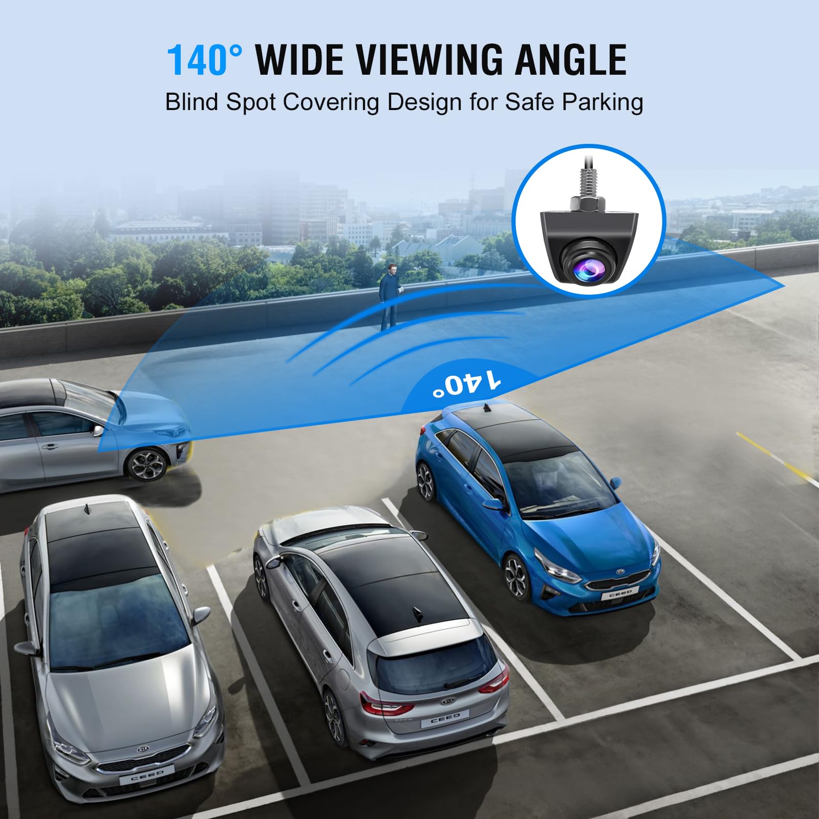 PARKVISION Telecamera per retromarcia per auto, SUV, camper, roulotte, furgone, pick-up, alloggiamento in metallo Telecamera posteriore regolabile con ampio angolo di visione di 140 °