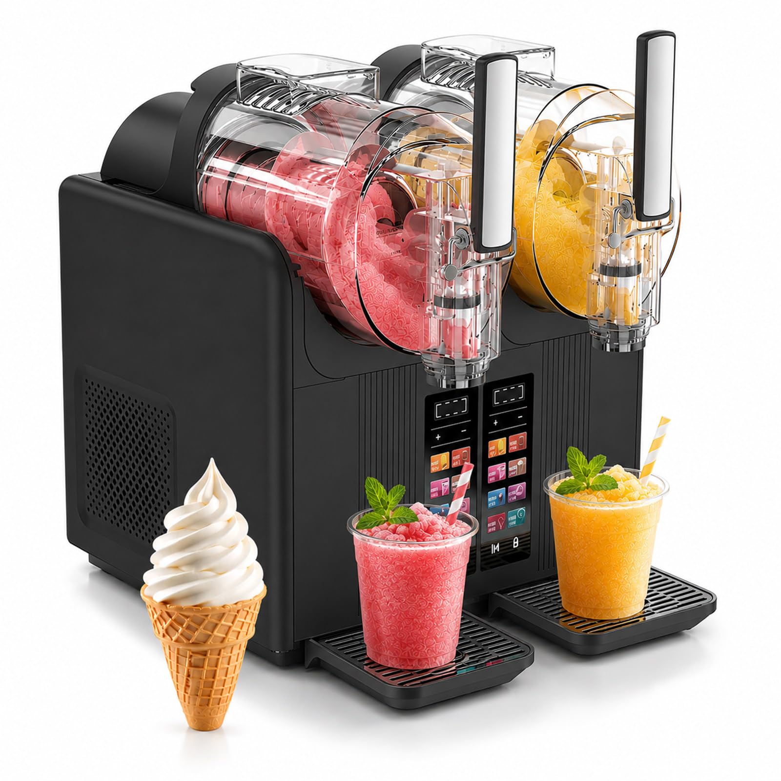 Granizadora de Granizados y Máquina Helado Soft 2-in-1, Máquina de Slush Profesional de Doble Depósito, Dispensador Táctil Inteligente para Sorbete, Helado, Casa y Comercio Black