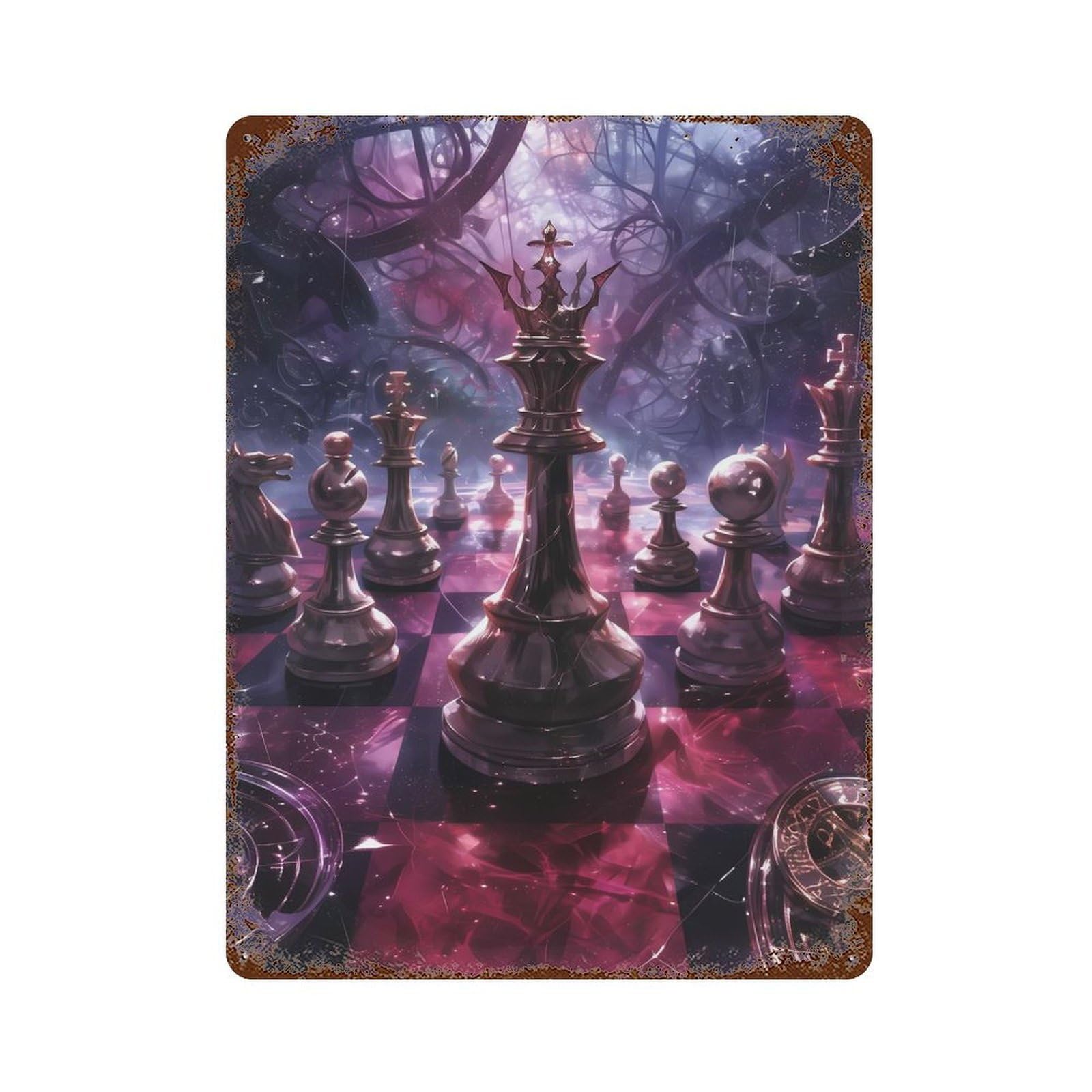 Chessboard in A Mystical Forest Distressed Metal Wall Sign 15.7"x11.8", Ideal for Cafe, Home Bar And Lounge Decor