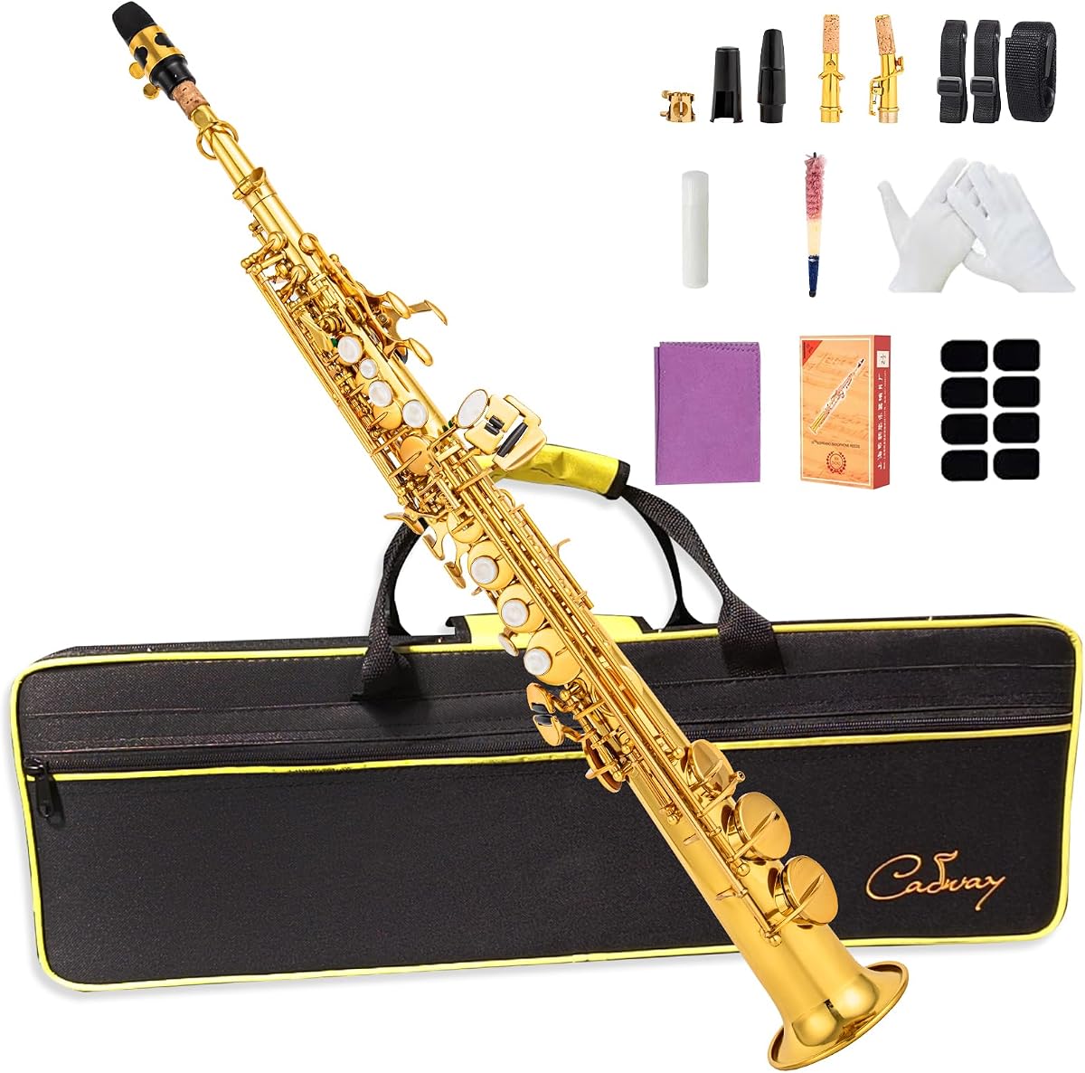 Saxofón soprano Bb Instrumentos de saxofón rectos con laca dorada para principiantes, estudiantes, jugadores intermedios con estuche de transporte, guantes blancos, kit de limpieza, correa para el cuello, boquilla (dorada)