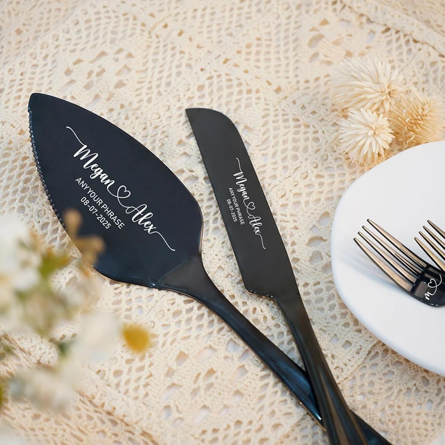 Personalized Wedding Cake Knife Set Stainless Steel Custom Stainless Steel Personalized Cake Cutter for Wedding, Anniversary, Birthday (black,1 set)