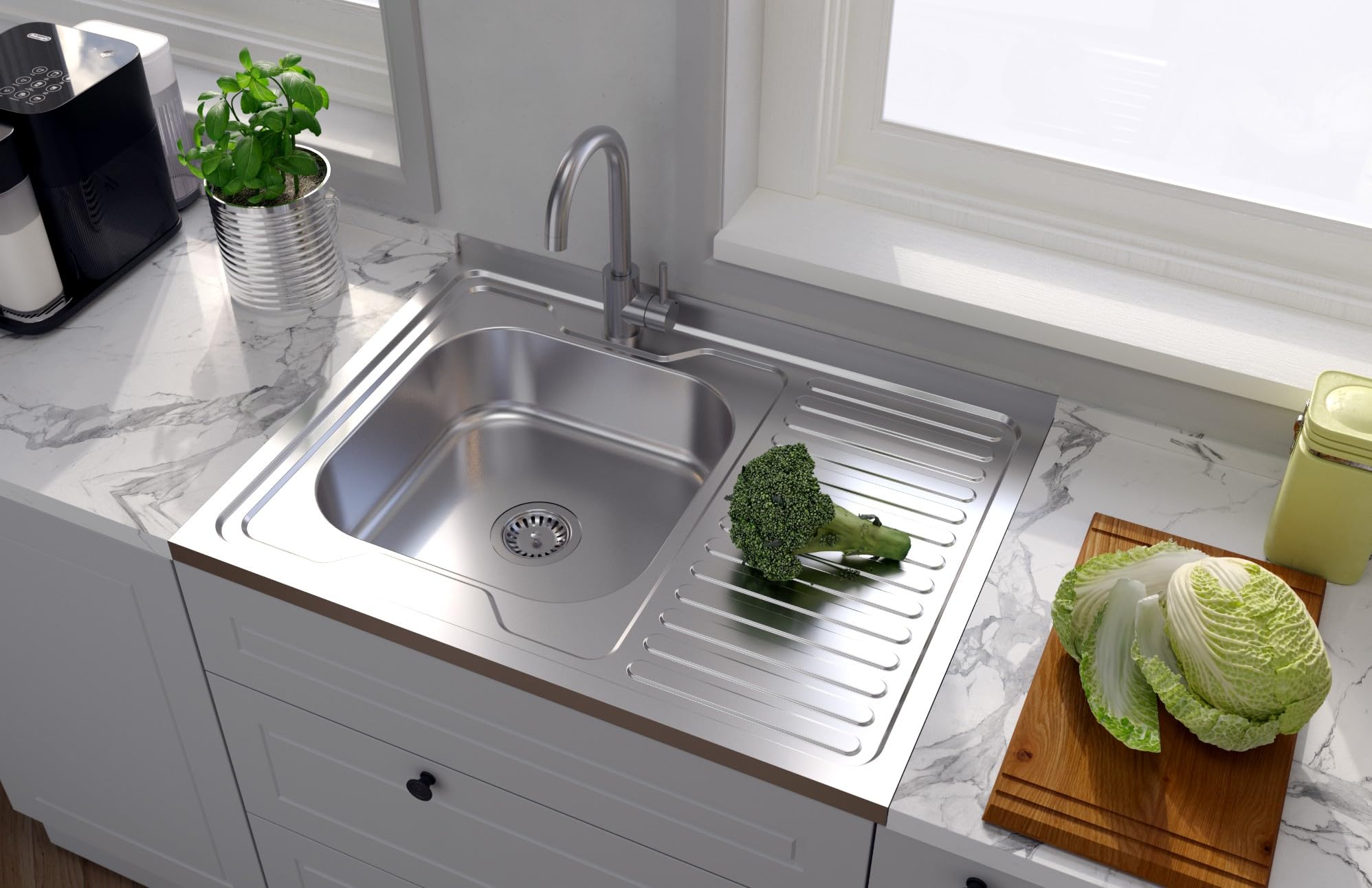 QUADRON Lavello in acciaio inox | dimensione 80 cm colore: sinistro | ROBIN lavello da cucina | scarico incluso | lavello in acciaio inox adatto a mobile da 80 cm | sovrapposizione (SINISTRA)