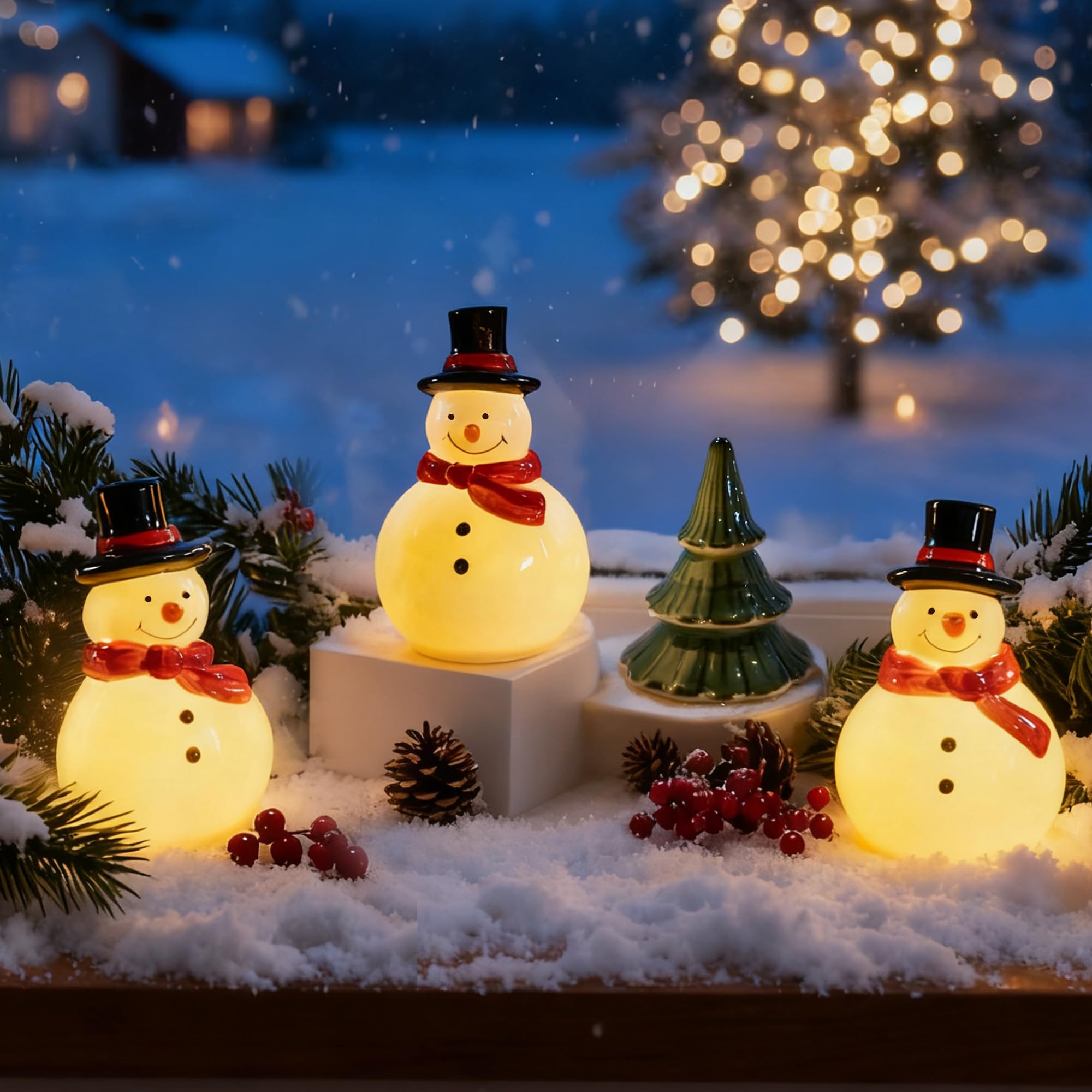 Figurines de bonhomme de neige de Noël en céramique avec lumières LED intérieures