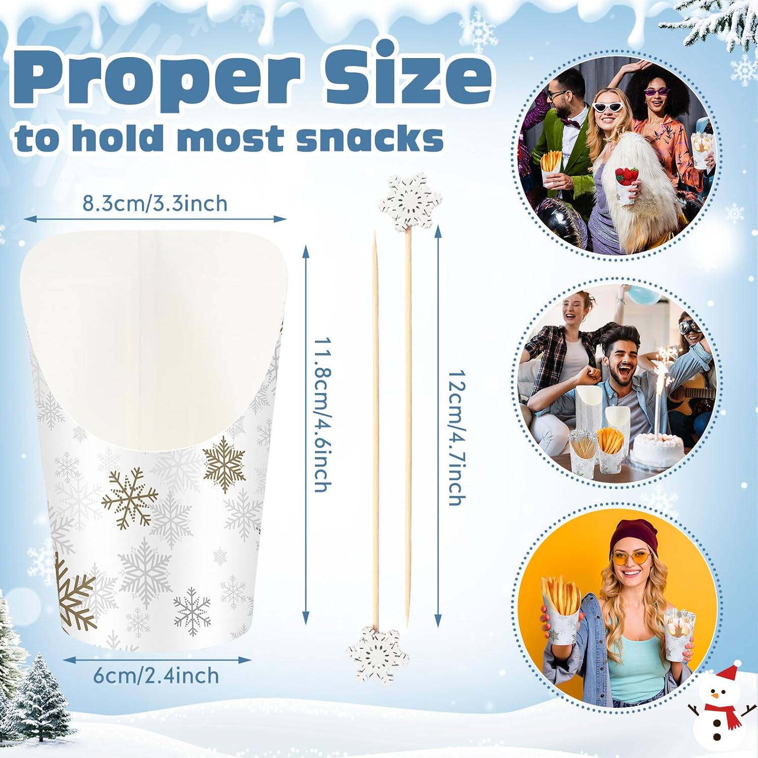 Jingmore 250pcs Winter Snowflake Charcuterie Cups with Picks Set 50pcs Winter French Fries Cups 200pcs Winter Cocktail Picks 14oz Disposable Paper Snack Cups Fruit Sticks for Winter Party(Gold)