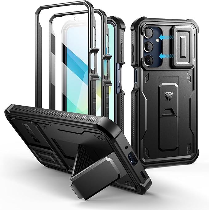 Dexnor for Samsung Galaxy A16-5G Phone Case, [2 Front Frame] [Built-in Magnetic Slide Camera Cover & Kickstand] Heavy Duty Protection Shockproof Case with Screen Protector, 6.7 inch Black