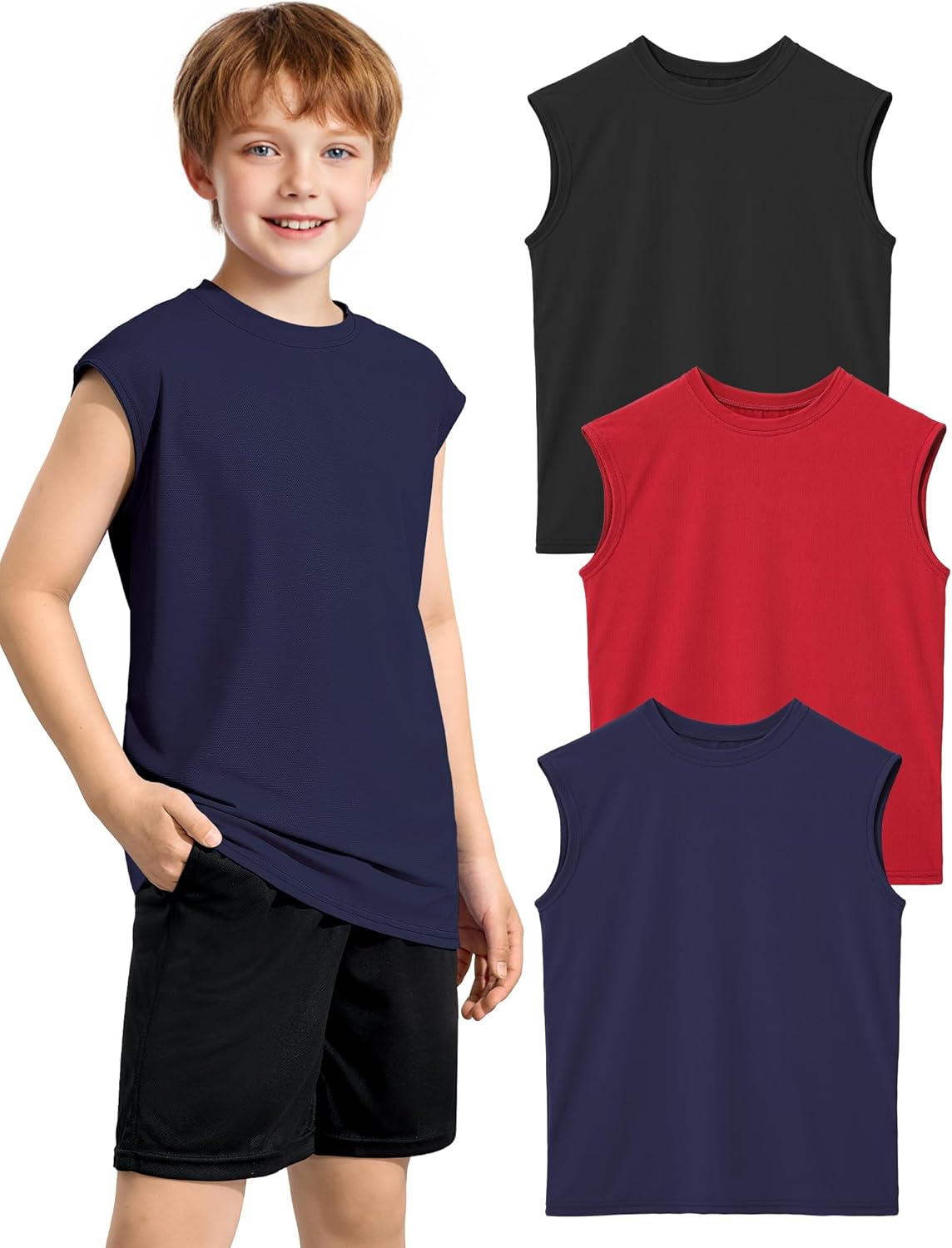 3 Packs Boys Athletic Tank Tops Breathable Mesh Undershirts Quick Dry Sleeveless Muscle T-Shirts for Kids