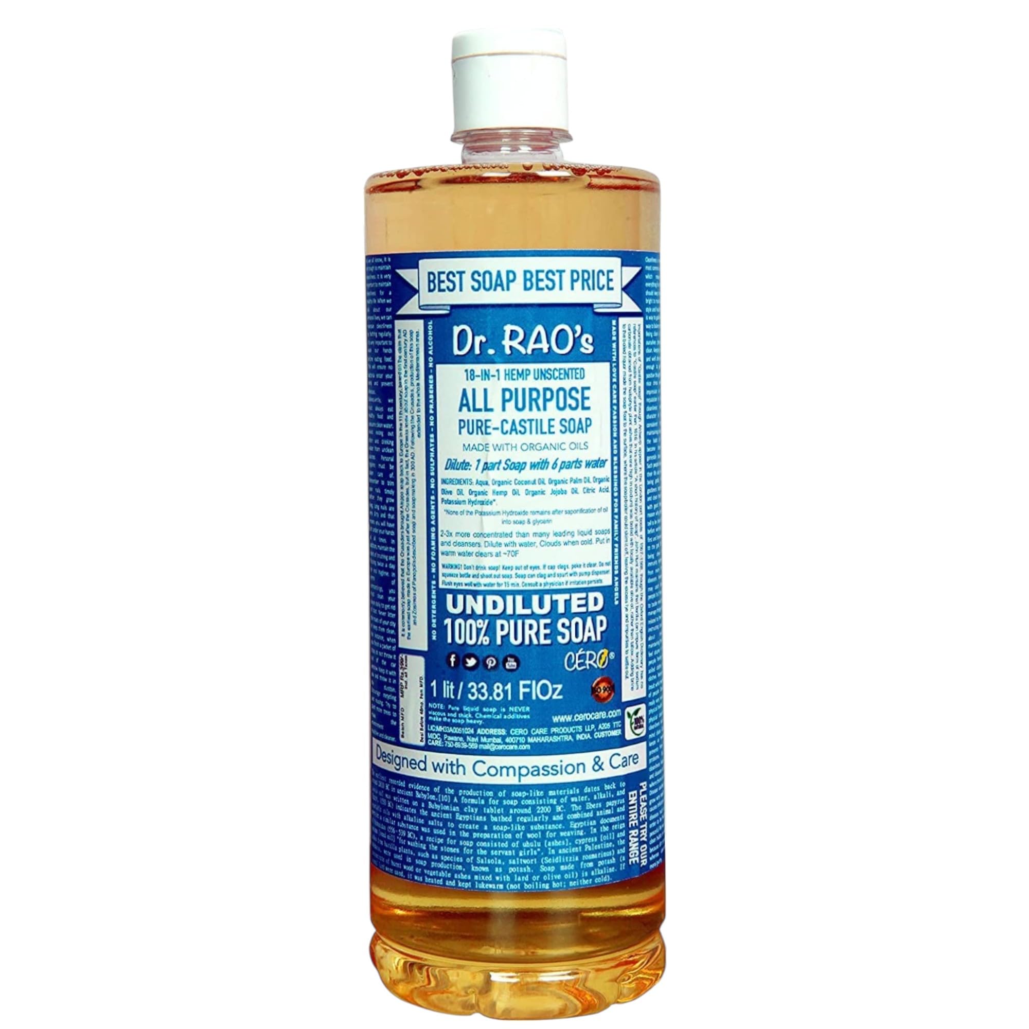 CERO Dr Rao's Unscented Castile Soap - Pure Castile Soap Liquid, Perfect For DIY Projects, Ideal For Sensitive Skin, Multipurpose Soap Base Liquid Cleaner, Natural Ingredients, Eco-Friendly, 1 Liter-image-0