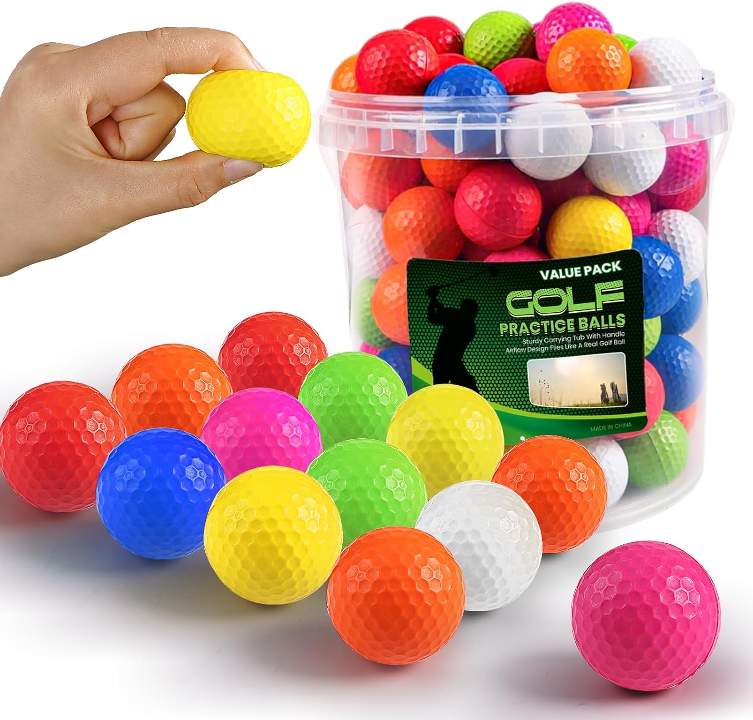 FINGER TEN Foam Golf Practice Balls Value 100 Pack with Bucket, Soft Lightweight & High-Visibility Mixed Colors Balls with Durable Construction for Indoor Outdoor Use