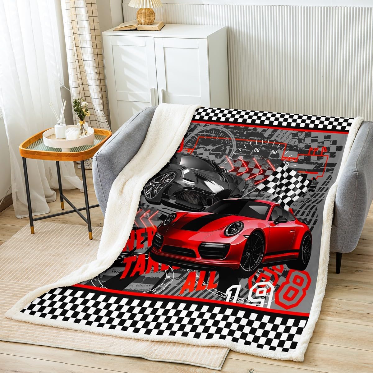 Purple Race Car Bed Blanket Kids Girls Extreme Sports Sherpa Blanket Soft Cozy Lightweight Black White Grid Plush Fleece Cool Cars Blanket Gifts for Bed Chair Office Sofa(Throw 50"x60")