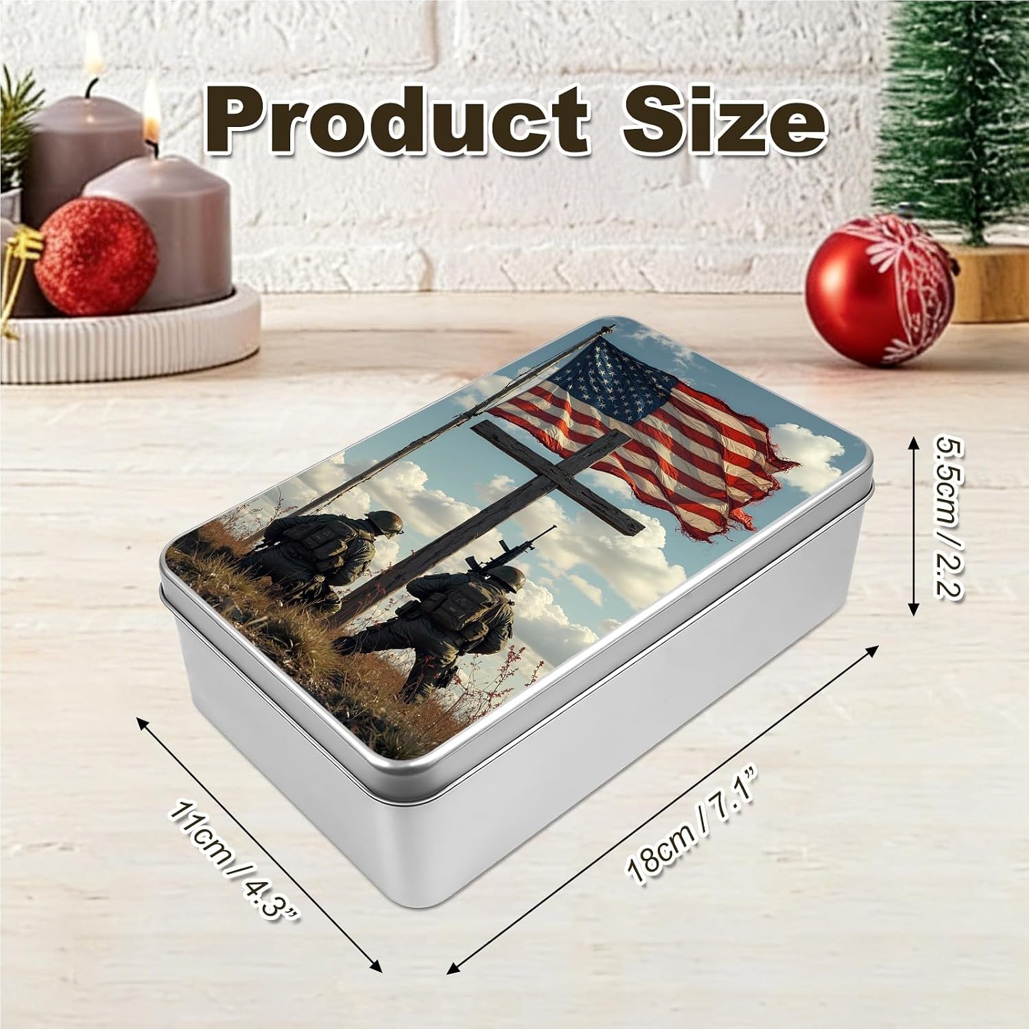 Metal Tin Box, Soldier American Flag Rectangular Tin Container With Lid Christmas Gifting Box for Home Organizer, Cookie, Pencil, Car Keys, 7.1 x 4.3 x 2.2 inch