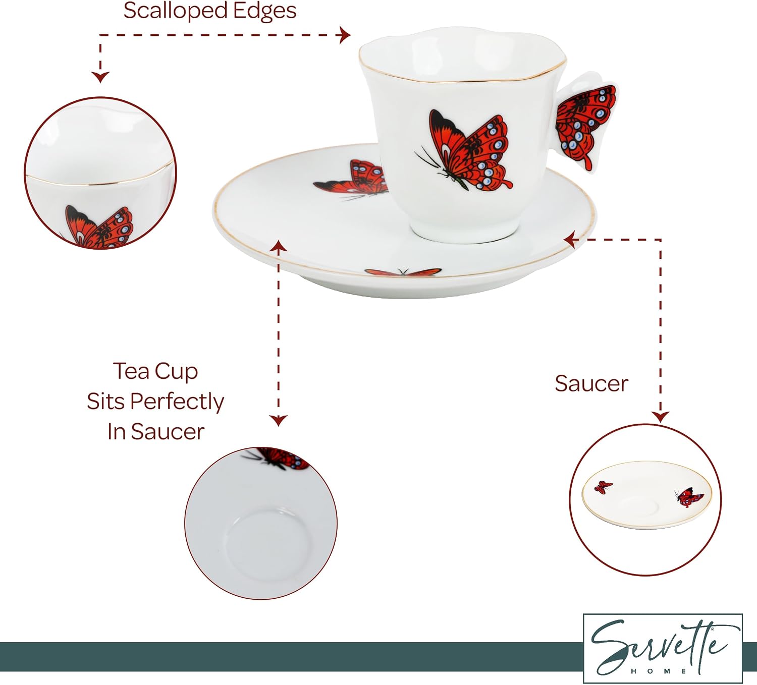 Servette Home Cup and Saucer Set - Mini Coffee Mug with Plate Tea Set - Ceramic Butterfly Design