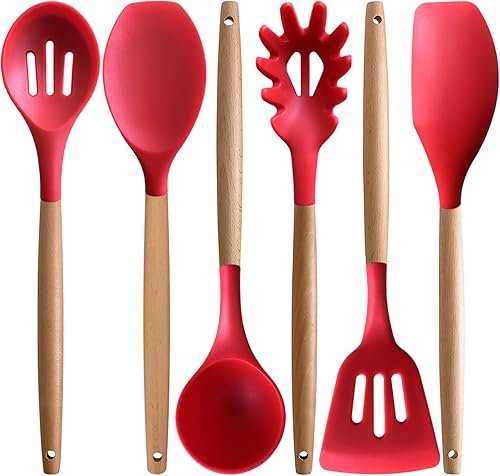 Juego de utensilios de cocina 6 piezas, espátulas de silicona resistentes al calor, cuchara, volteador, cucharón con mango de madera, utensilios de