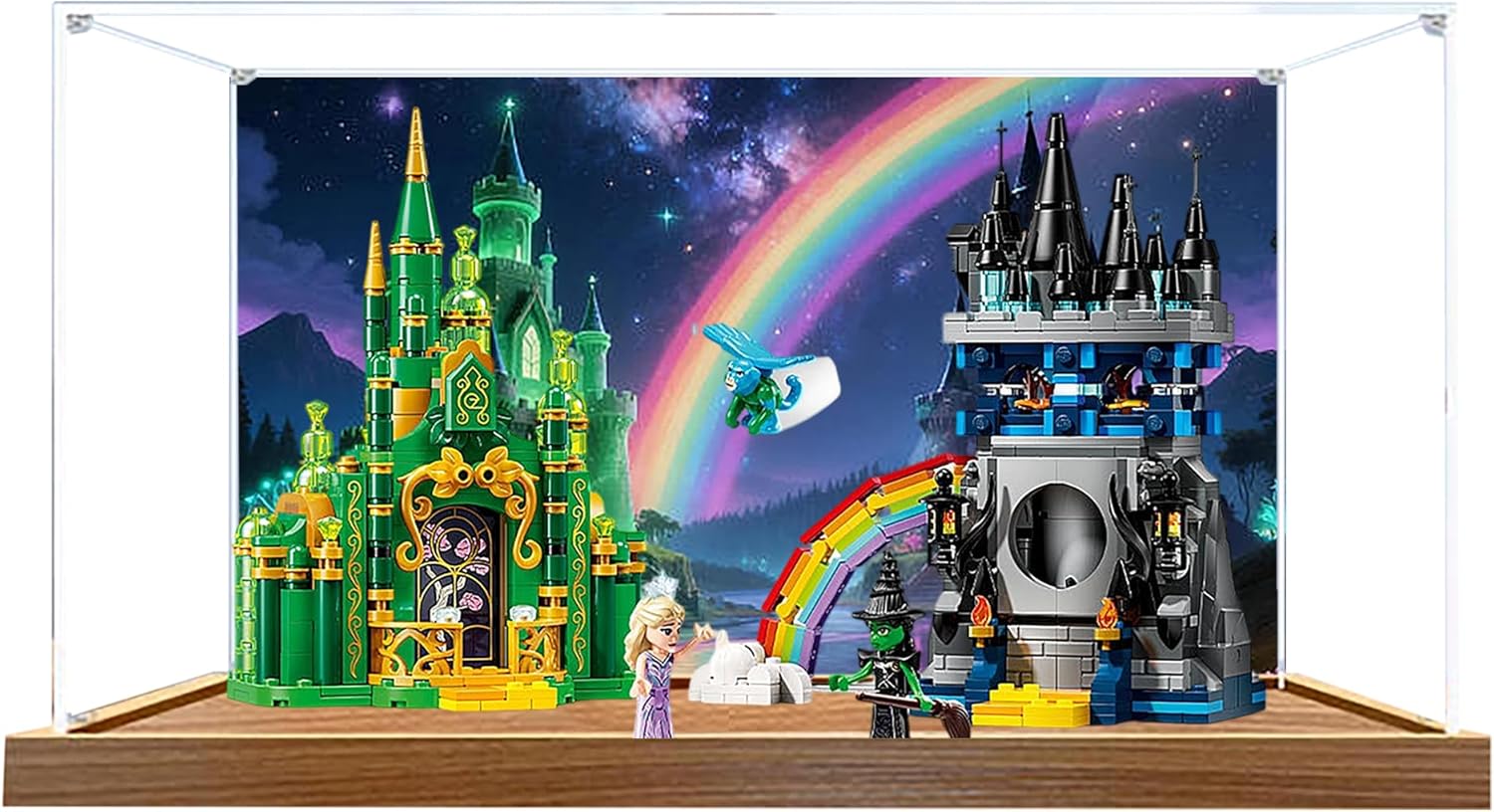 Acrylic Display Case for Lego 75689 Emerald City and Garmok Castle Model, 3mm Dustproof Display Box, Display Case Compatible with Lego 75689 (Model Not Included) (Background Wooden Base)