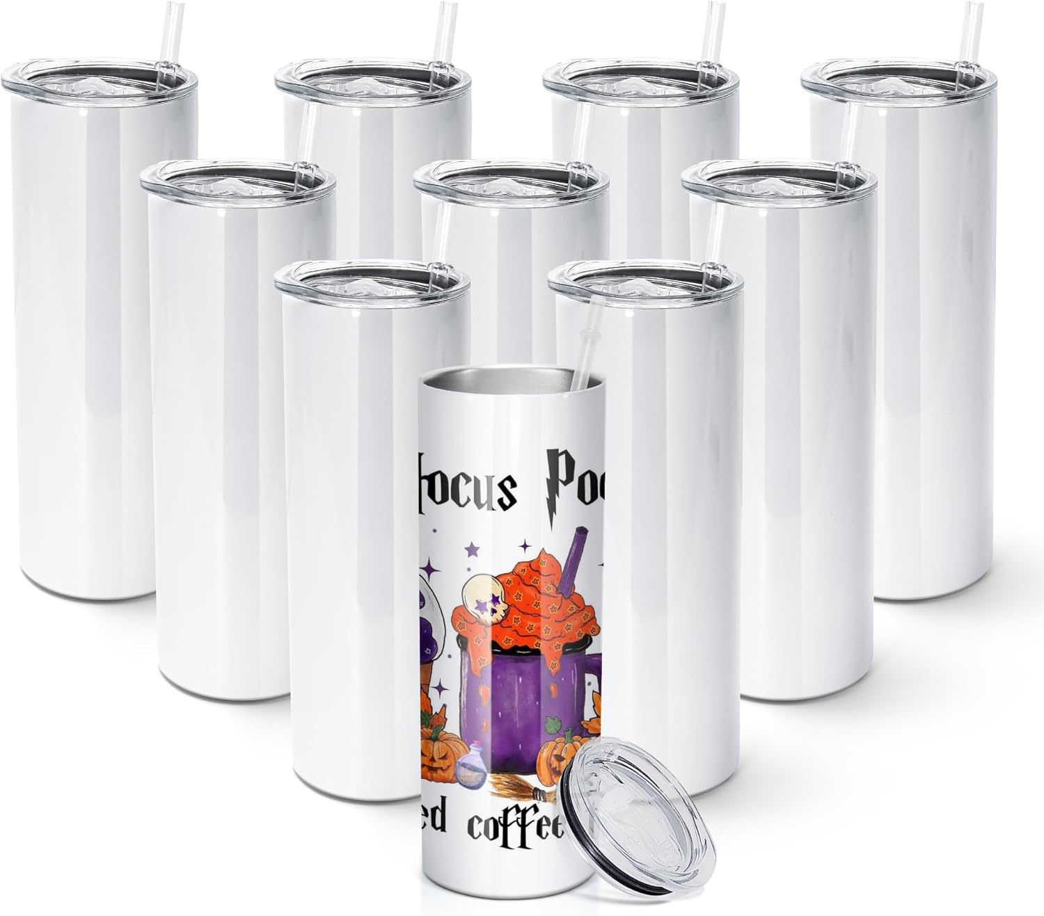 AGH 10 Pack Sublimation Tumblers Blank 20 OZ Straight Skinny Tumbler with Straw, Stainless Steel Double Layer Insulated Mug, Individually Box, Travel Tumblers