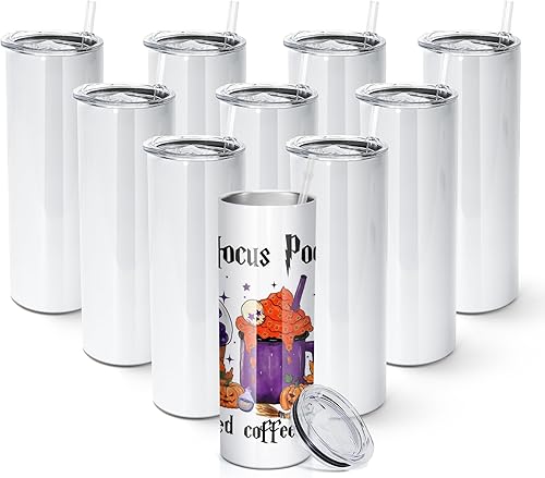 AGH Paquete de 10 vasos de sublimación en blanco de 20 onzas, vaso recto delgado con pajilla, vaso aislado de doble pared de acero inoxidable para