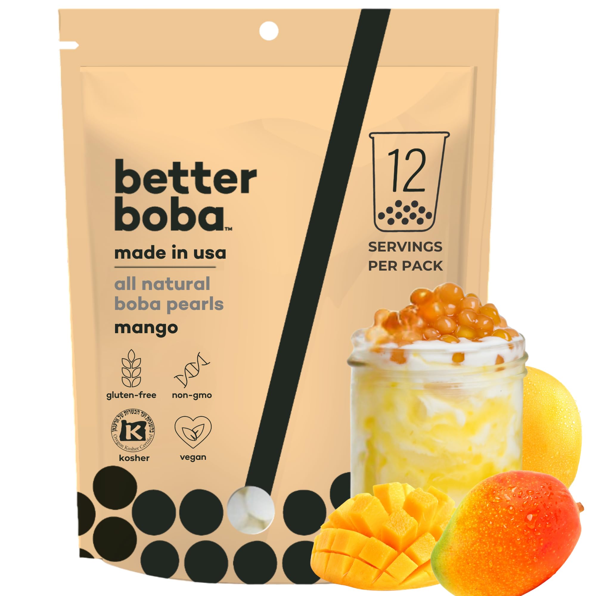 Better Boba All-Natural Mango Boba Pearls | Kosher, Vegan, Gluten-Free, Non-GMO Popping Boba for Bubble Tea, Desserts| 8 Oz Pack (12 Servings)| No Preservatives | Tapioca Boba Balls | Made in USA