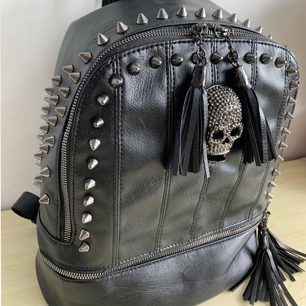 Women Skull Rivet Backpack Purse Fashion PU Leather Designer Travel Bag Ladies Shoulder Bags(Black)