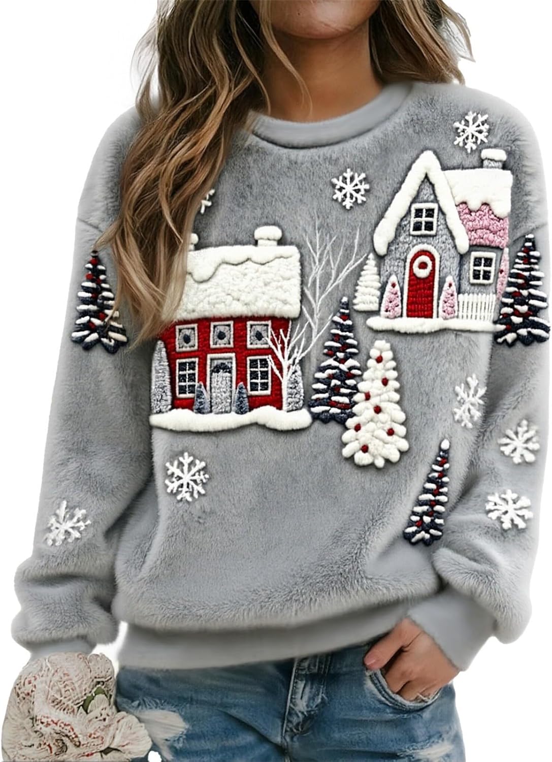 Flanellen sweatshirt voor dames, kerstmotief, met kattenprint