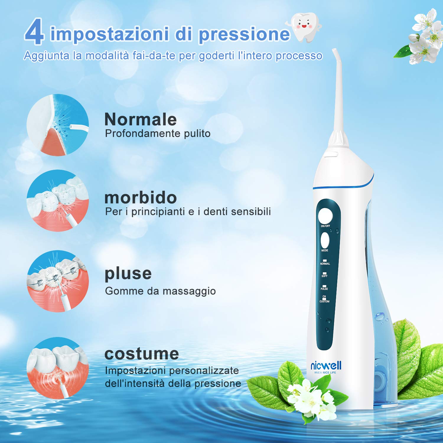 Idropulsore Dentale Portatile, Irrigatore Orale Professionale 4 Modalità e 5 Ugelli di Ricambio con rotazione di 360 °, Ricaricabile USB, IPX7 Impermeabile, Adatto a viaggio e a casa