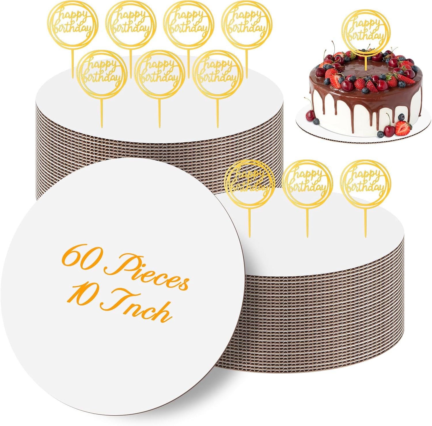 60 Pcs White Cake Boards Round 10 Inch Cardboard Cake Boards, Disposable Cake Plates Food Grade Waterproof and Oil Proof Cake Tray for Baking Dessert Cake DIY with 10 Pcs Happy Birthday Cake Topper Thumbnail